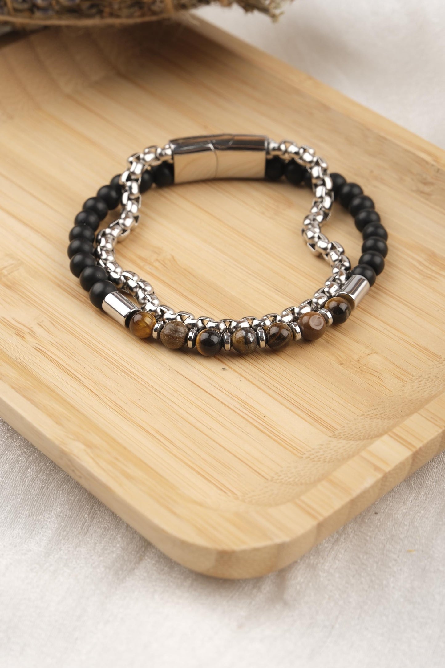 Stones of Strength and Focus, Tiger Eye and Hematite Leather Bracelet for Men, Crystal Bracelet Gift for Him or Boyfriend