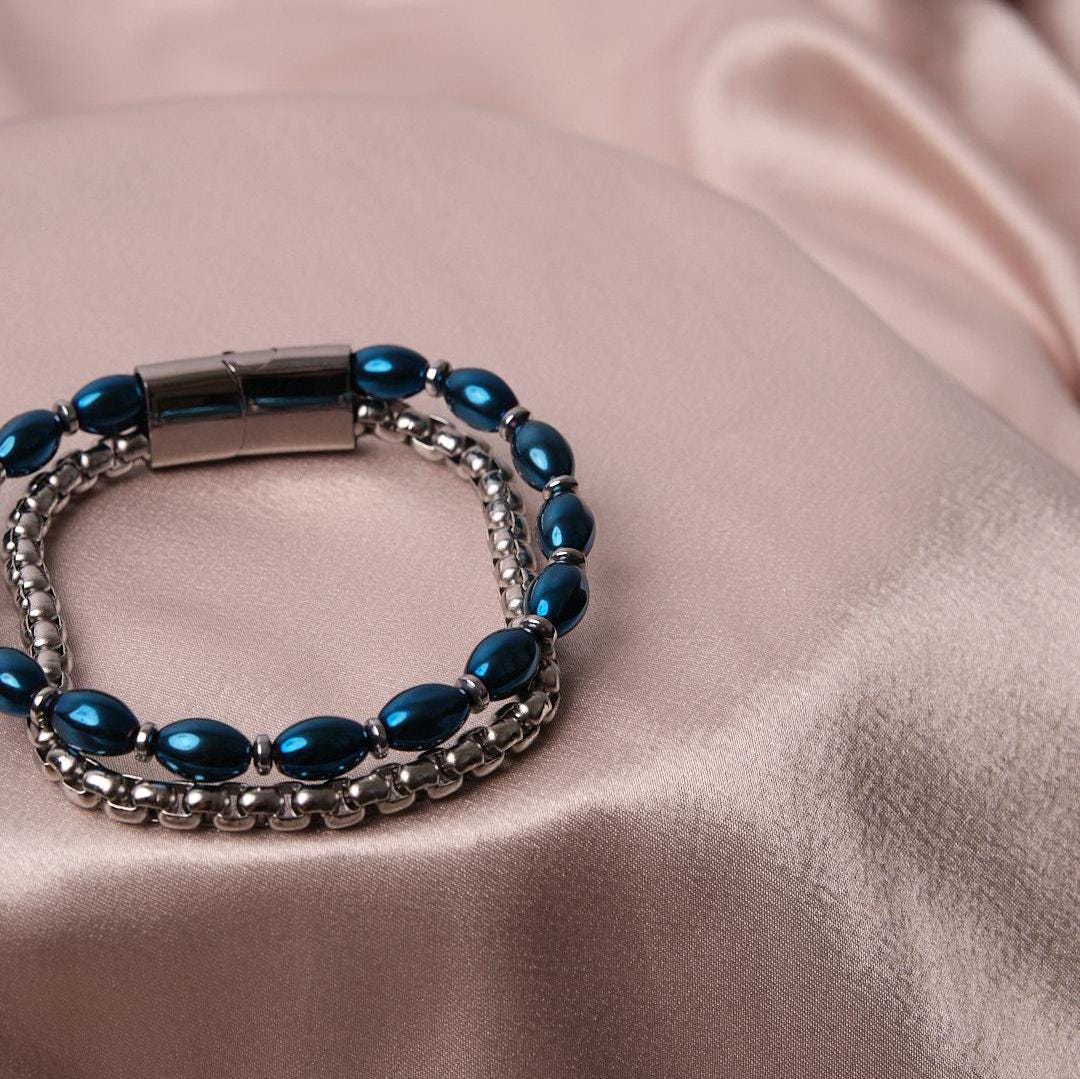 Half Blue Stone & Half Silver Stainless Steel Bracelet –Thick Chain Design for Men | Durable Wristwear | Bold Statement Piece | Gift for Him