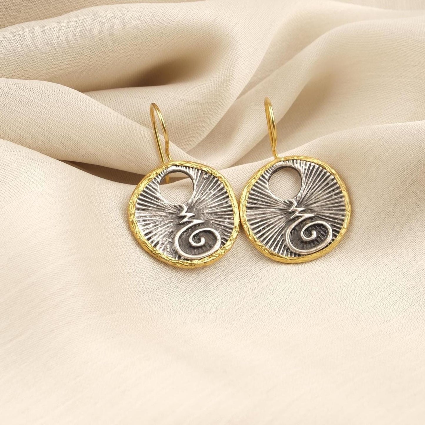 Handmade Abstract Chakra Dangles, Symbol Earrings, Dual Tone Gold Plated Bohemian Jewelry, Unique Artistic Design With Spiritual Symbolism