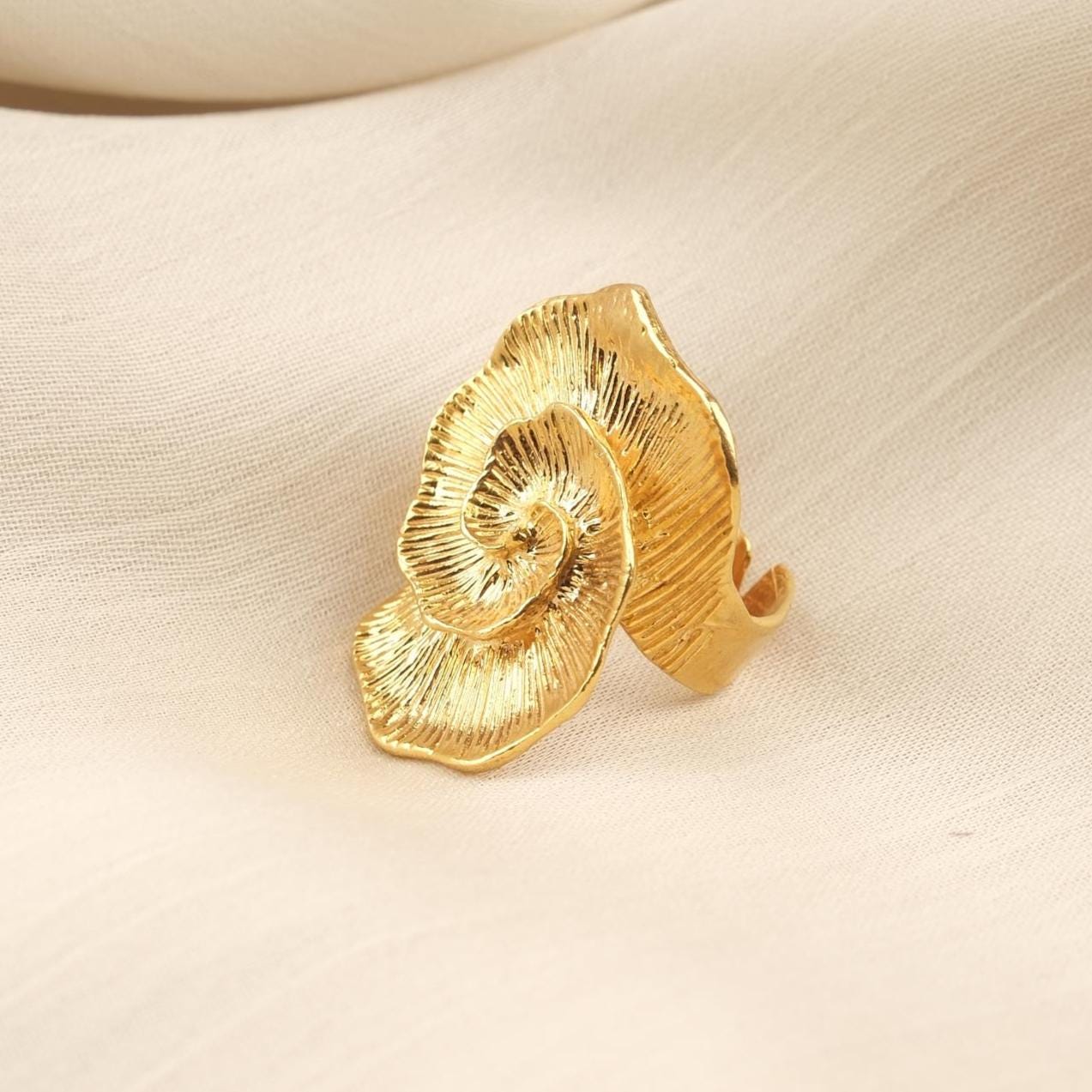 Feel the Movement, Handmade Spiral Bloom Ring, Vintage Style Floral Design, Antique Looking Textured Petal Statement Band | Gold Plated Gift