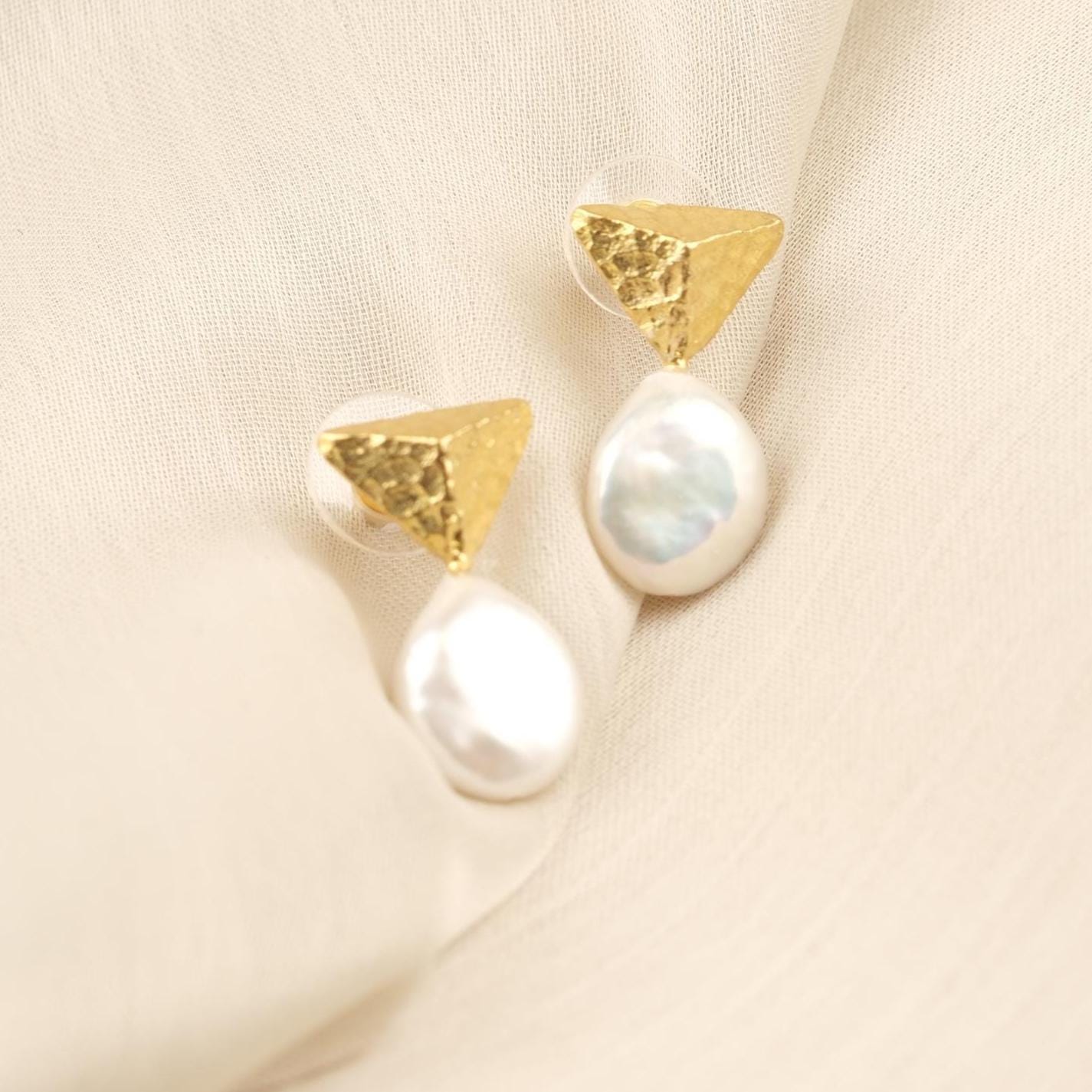 Handmade Genuine Pearl Stud Earrings, Pyramid Style Textured Gold Plated Design, Minimalist Chic Jewelry for Women, Artistic Modern Look