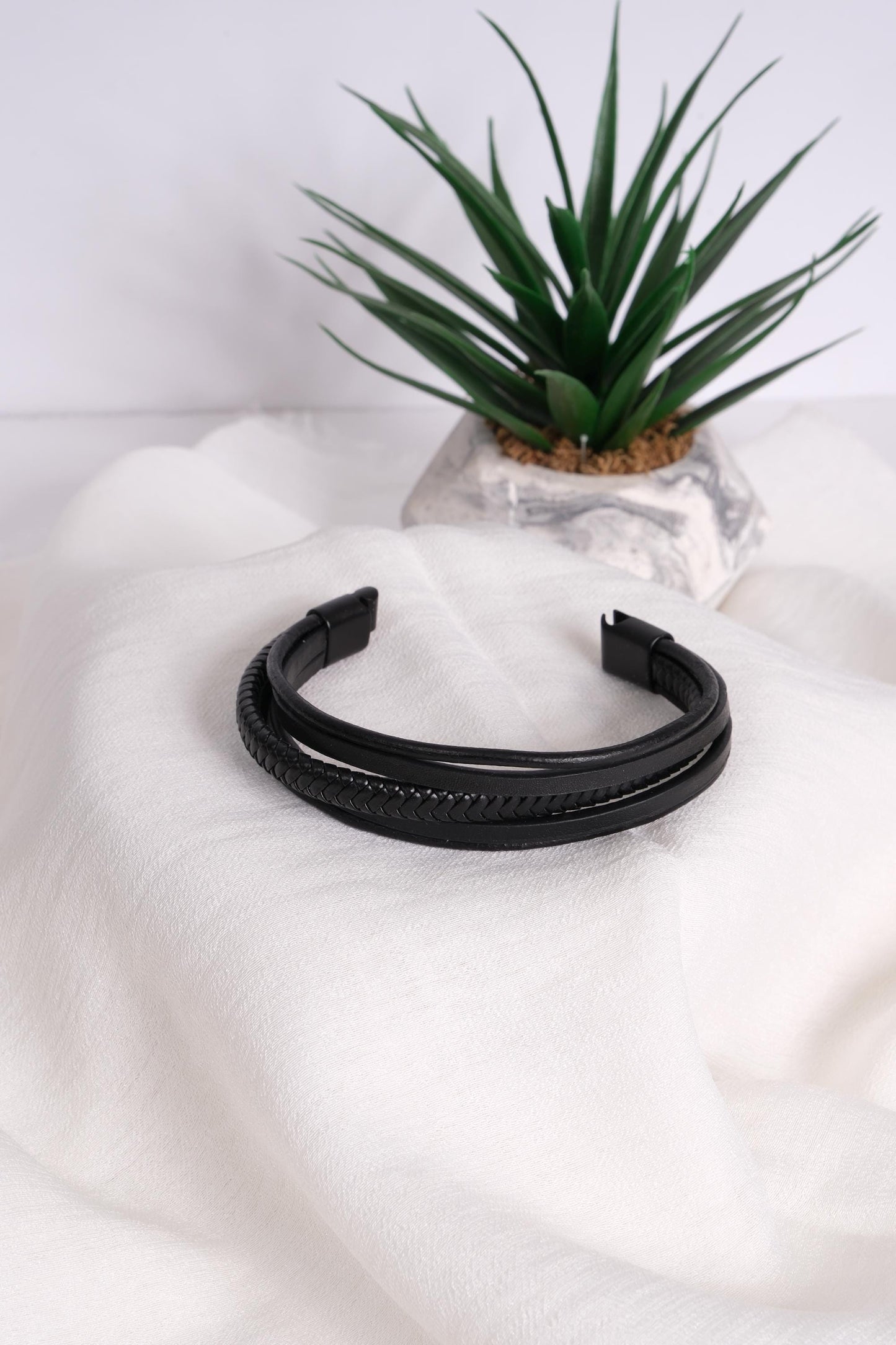 Triple Strand Black Leather Men's Bracelet 22cm – Genuine Leather with Braided, Smooth, and Round Strap Design for Bold Maximalist Style