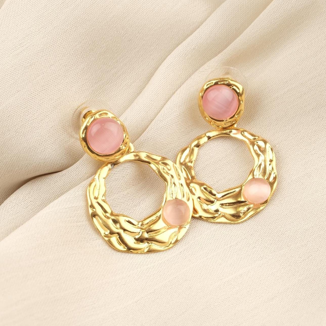 Handmade Gold Plated Stud Earrings with Rose Quartz Gemstones, Artistic Drop Design, Vintage Style Elegant Gift, Unique Statement Jewelry