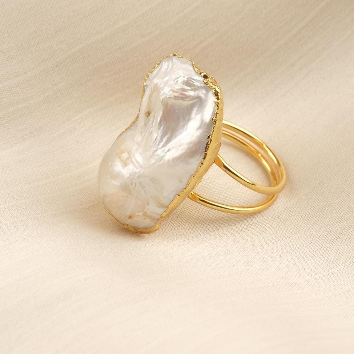 Handmade Genuine Pearl Statement, Antique Looking And Vintage Style Gold Plated Ring With Sculptural Artistic Abstract Design For Women