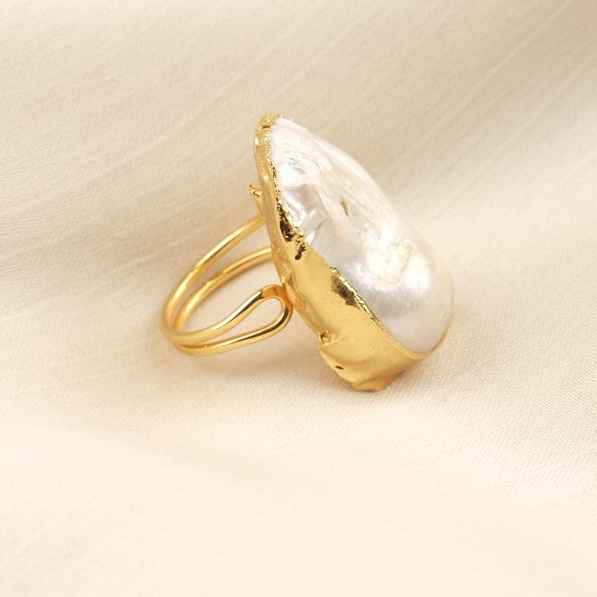 Handmade Genuine Pearl Statement, Antique Looking And Vintage Style Gold Plated Ring With Sculptural Artistic Abstract Design For Women