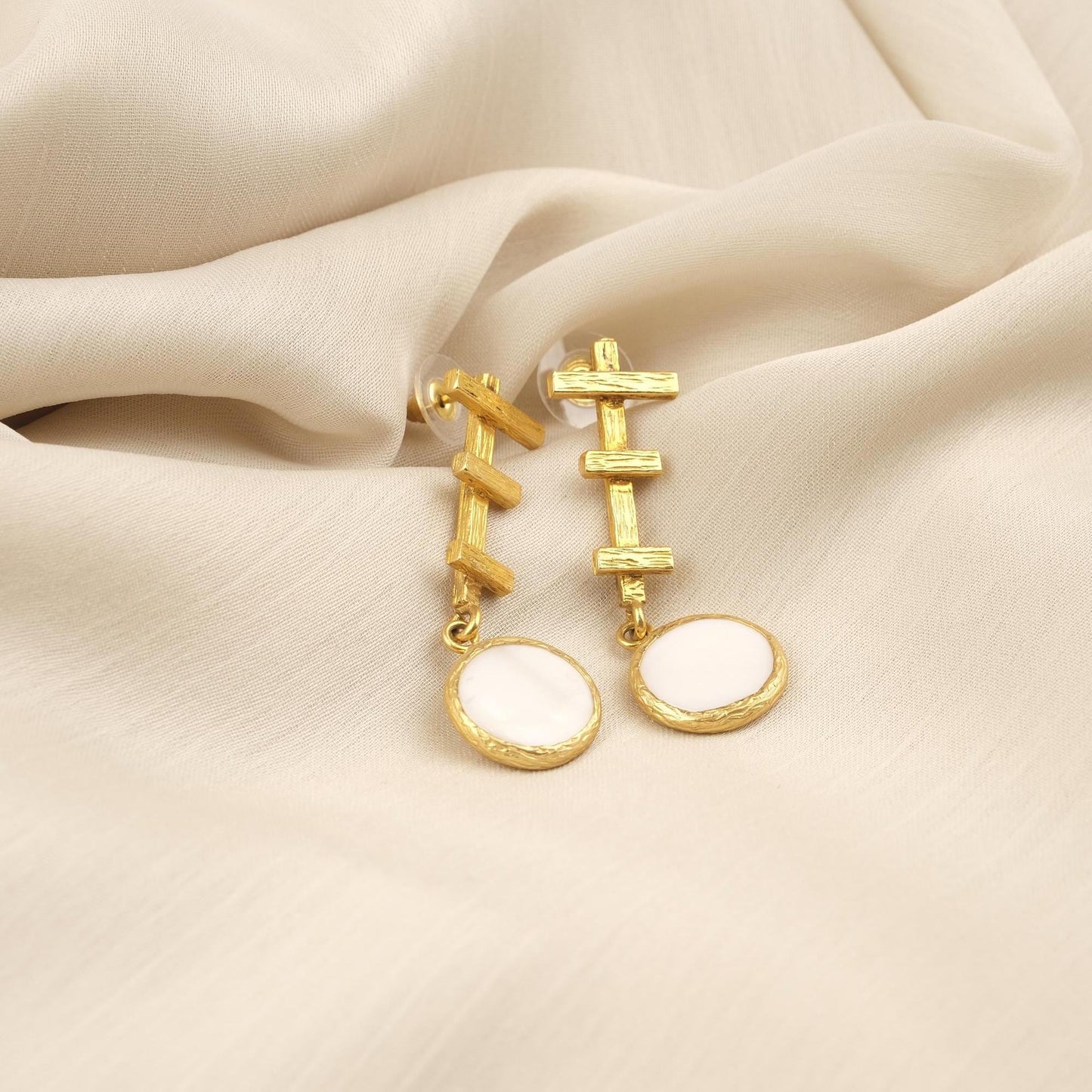 Handmade Artistic Stud Earrings With Genuine Pearl Discs, Gold Plated Abstract Design, Elegant Modern Jewelry With Vintage Style Charm Gift