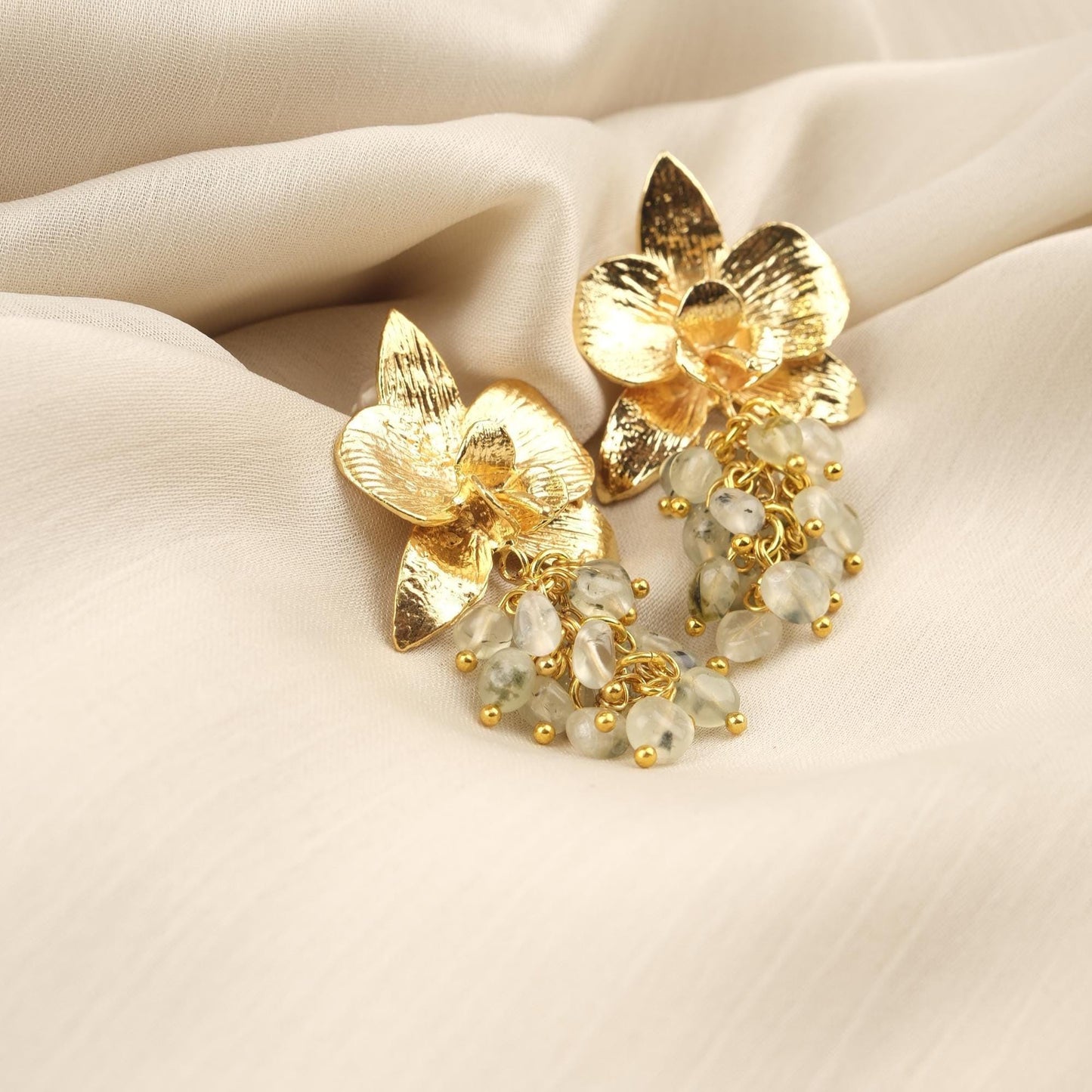 Prenhite Handmade Gold Plated Floral Stud Earrings With Gemstone Grapes, Artistic Botanical Jewelry, Statement Design For Elegant Looks
