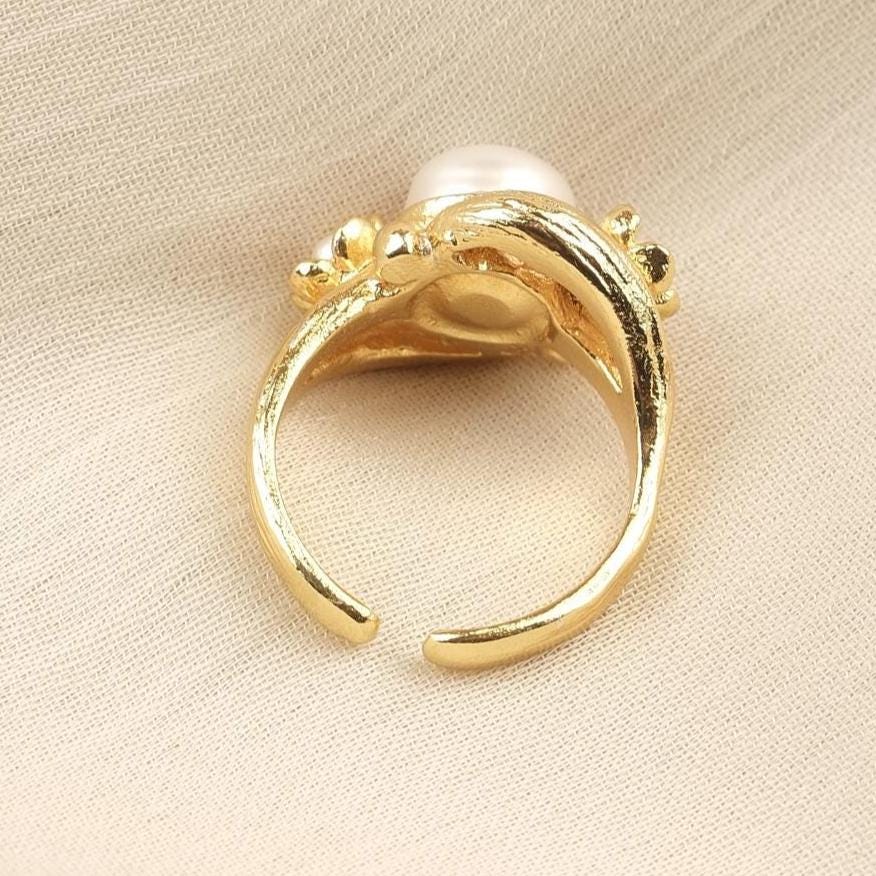 Handmade Artistic Design Ring With Faux Pearl Centerpiece, Adjustable Antique Looking And Vintage Style Gold Plated With Delicate Detailing