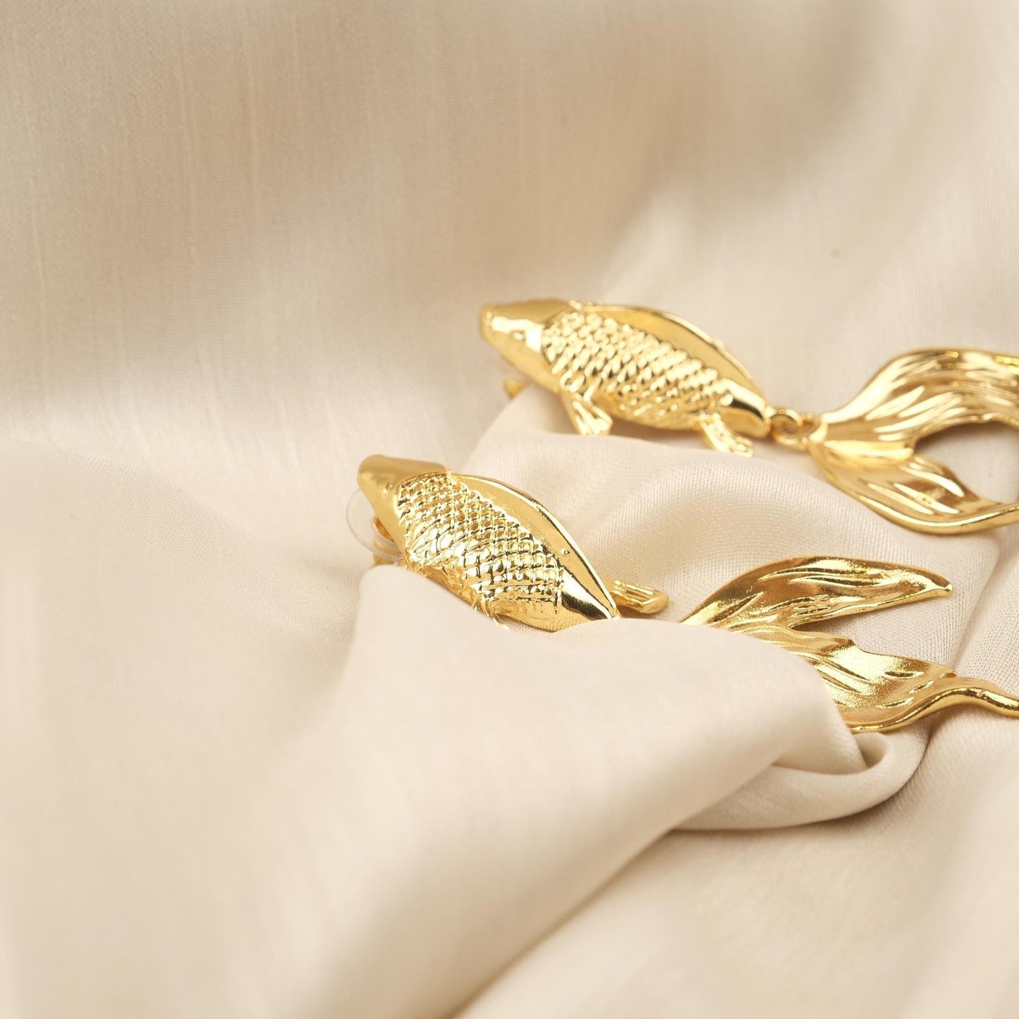 Handmade Gold Plated Koi Fish Stud Earrings, Elegant Symbolic Design with Flowing Tail, Artistic and Antique Looking Statement Jewelry Piece