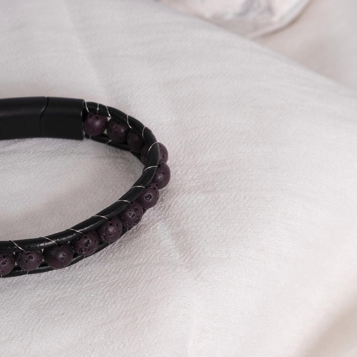 Black Carbon Matte Gemstone Bracelet for Men, Real Leather, Steel Wrapped, 22cm, Durable Masculine Design