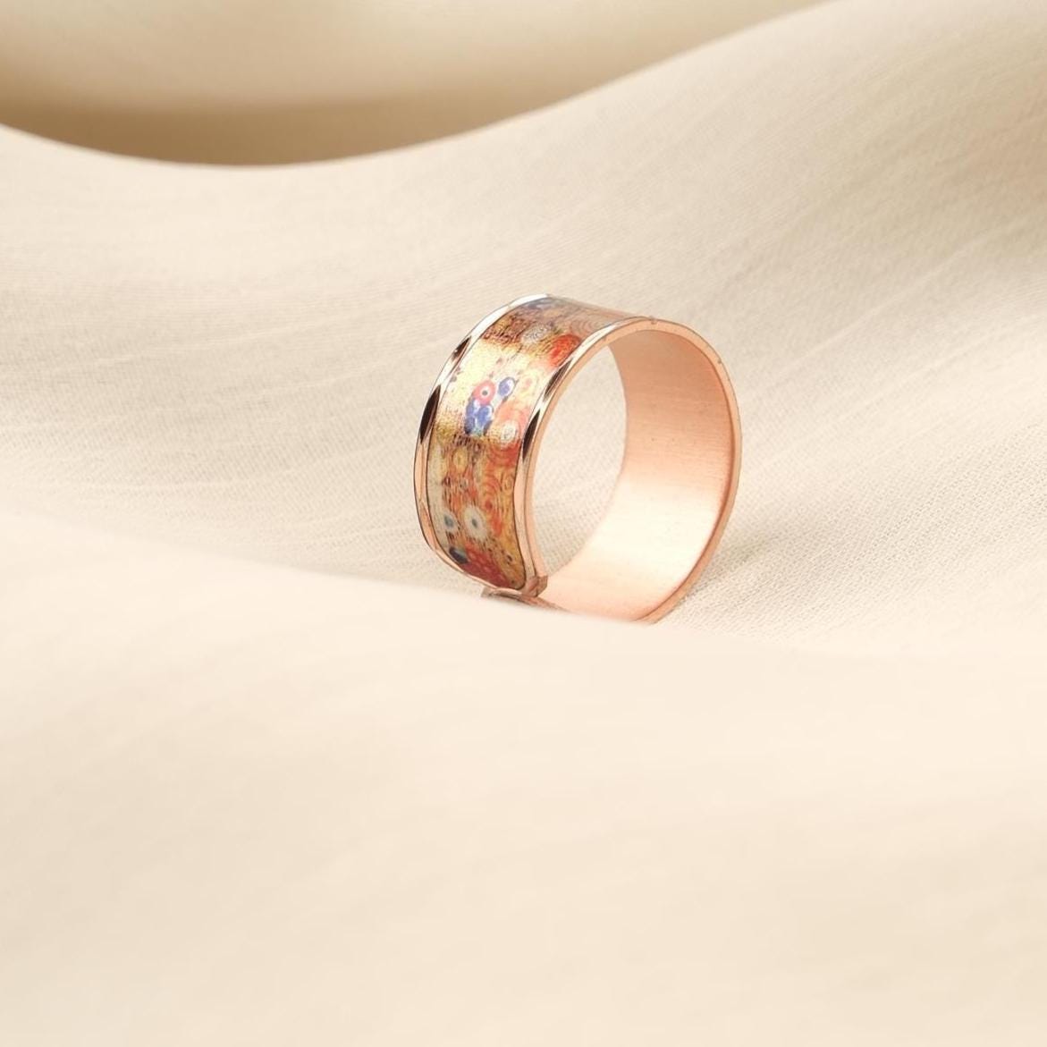 Gustav Klimt "The Kiss" Ring in Pure Copper, Artistic Adjustable Band | Handmade Antique Looking Vintage Style Jewelry Gift for Art Lovers