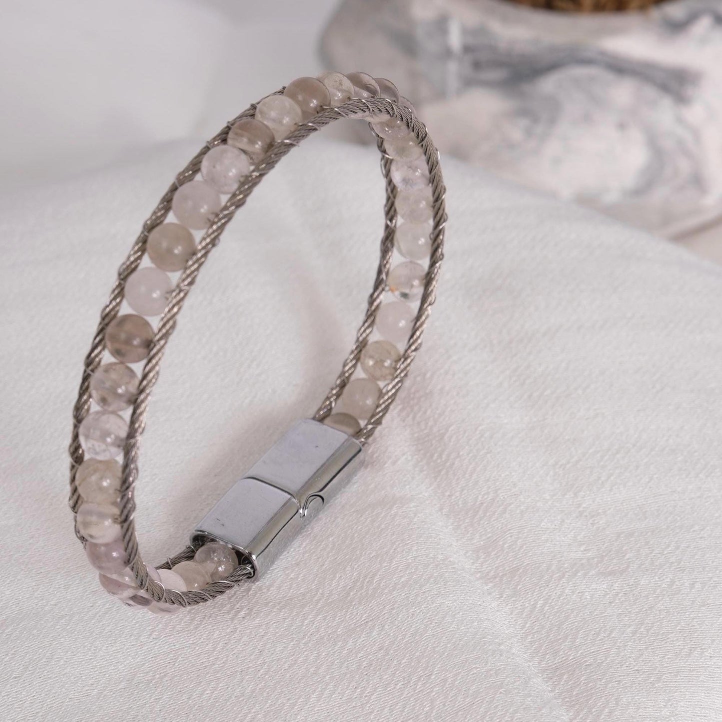 Silver & White Gemstone Wrapped Men's Bracelet in Silver 22cm Genuine Leather , Gemstone, Durable, Stylish Gift for Him