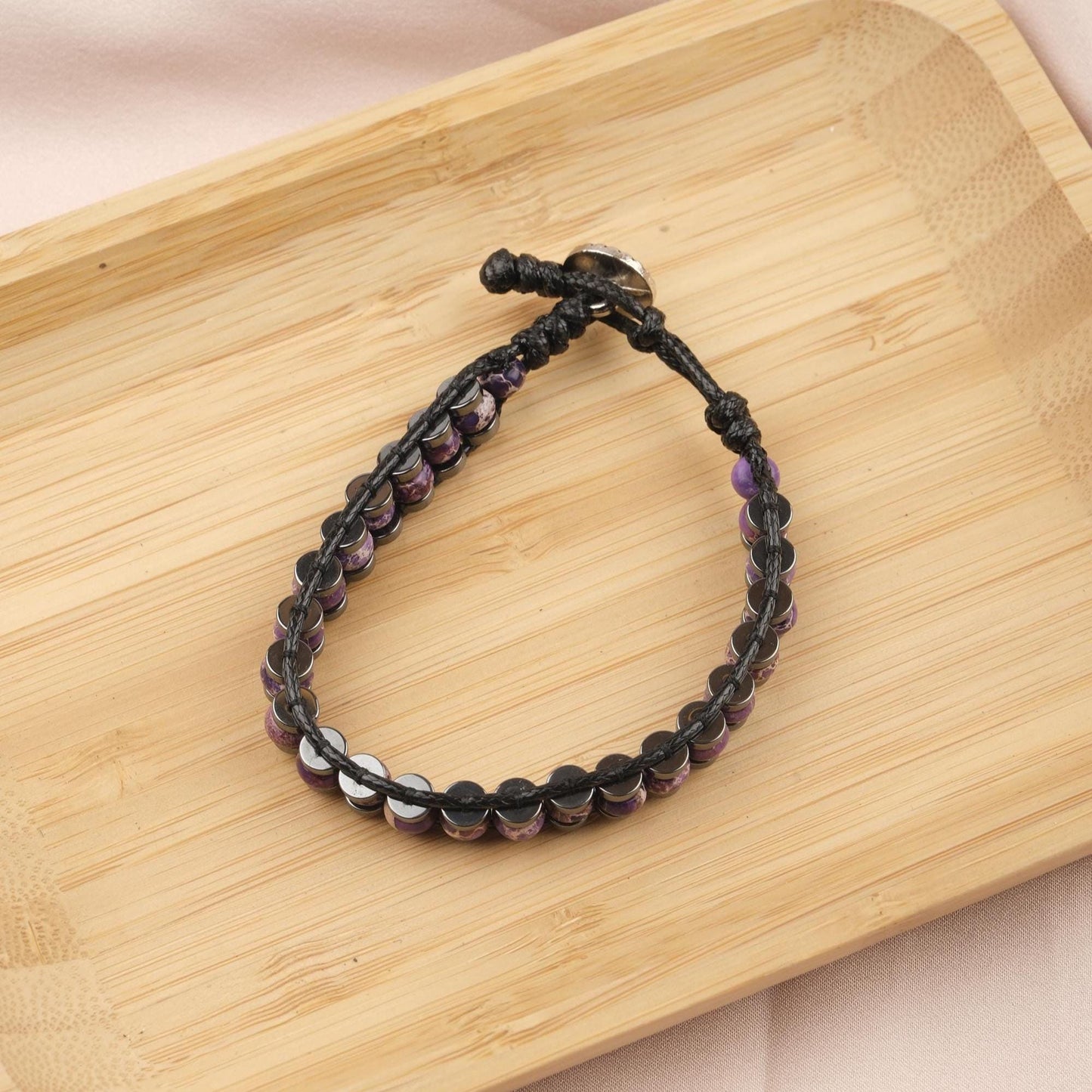 Stone of Clarity, Amethyst & Leather Bracelet for Men, Purple Crystal Bracelet Gift with Hematite, Stylish Wristband, 21cm / 8.26in