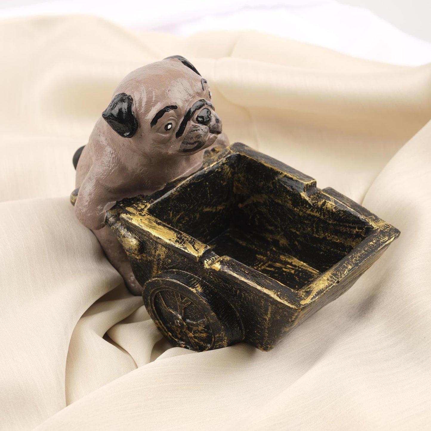 Gray Pug Dog Ashtray in Rustic Cart, Unique Animal Lover Smoking Tray, Handmade Whimsical Gift Decorative Art Piece, 16x9x12cm