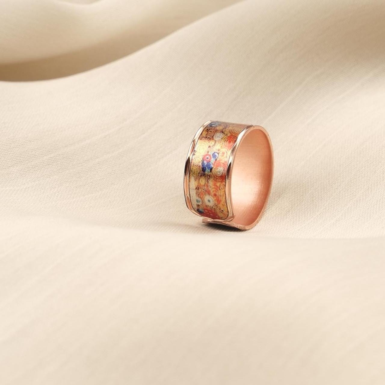Gustav Klimt "The Kiss" Ring in Pure Copper, Artistic Adjustable Band | Handmade Antique Looking Vintage Style Jewelry Gift for Art Lovers