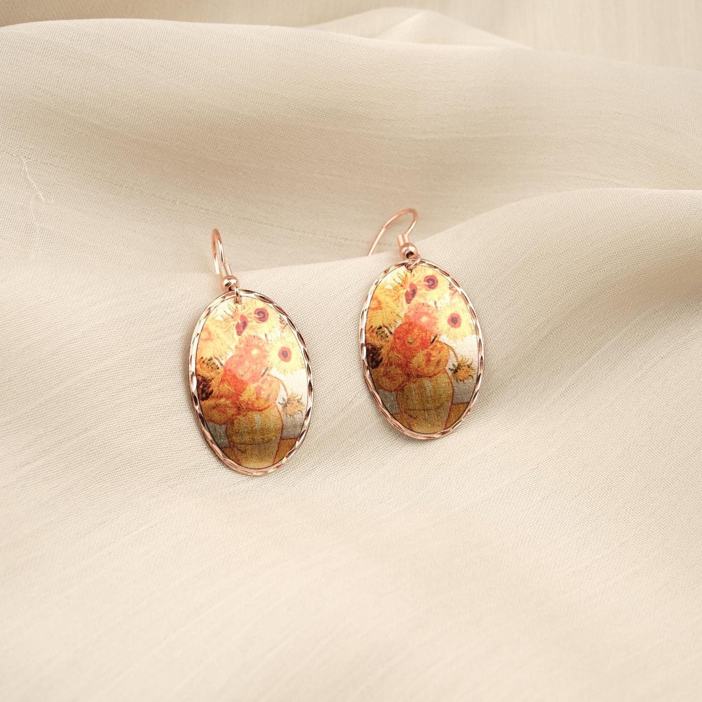 Vincent van Gogh “Vase with Fifteen Sunflowers” Dangle Earrings in Pure Copper, Artistic Design, Handmade Vintage Style Antique Looking Gift