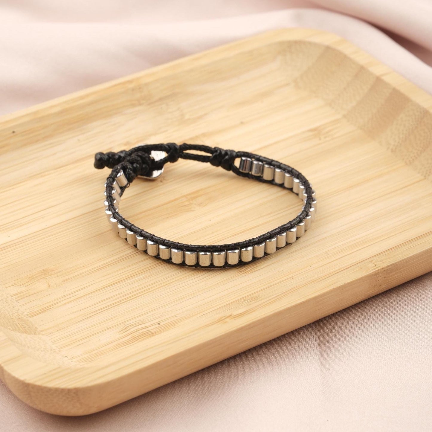 Stone of Grounding, Hematite & Leather Bracelet for Men, Dark Grey Crystal Bracelet Gift, Minimalist Wristband, 21cm / 8.26in