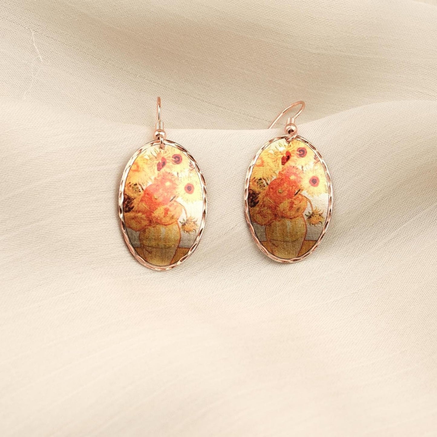 Vincent van Gogh “Vase with Fifteen Sunflowers” Dangle Earrings in Pure Copper, Artistic Design, Handmade Vintage Style Antique Looking Gift