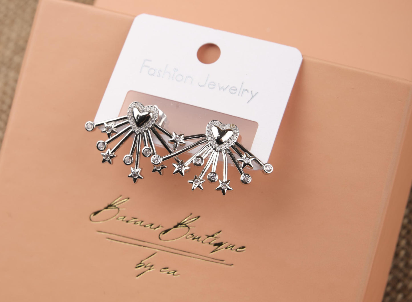 Silver Heart And Star Arrow Earrings, Sparkling Love-Inspired Hoops For Women, Timeless Brass Jewelry For Every Season