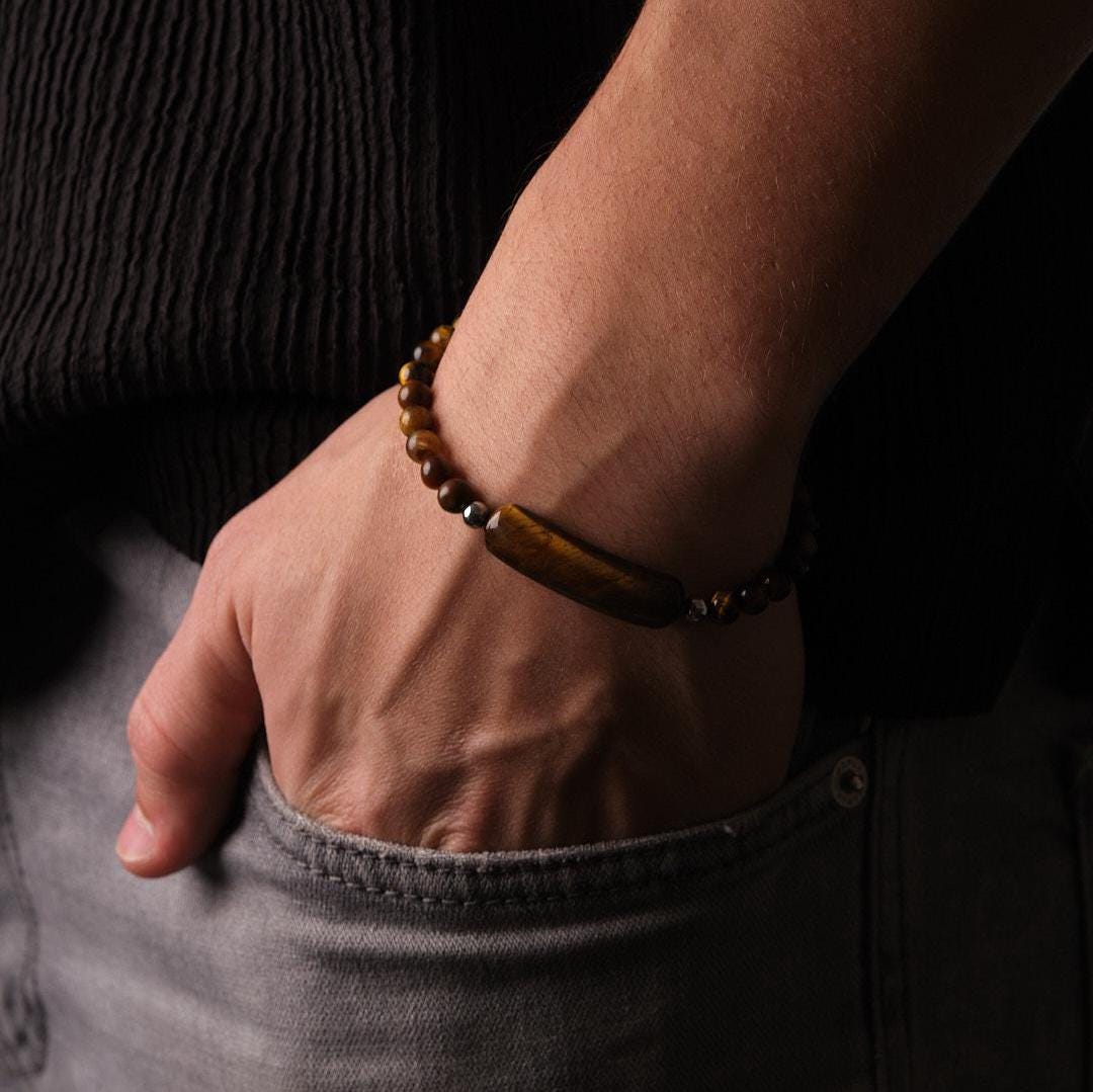 Brown and Classic Adjustable Gemstone Bracelet for Men, Chunky Chain Link | Rugged Modern Style | Masculine Jewelry Gift for Boyfriend