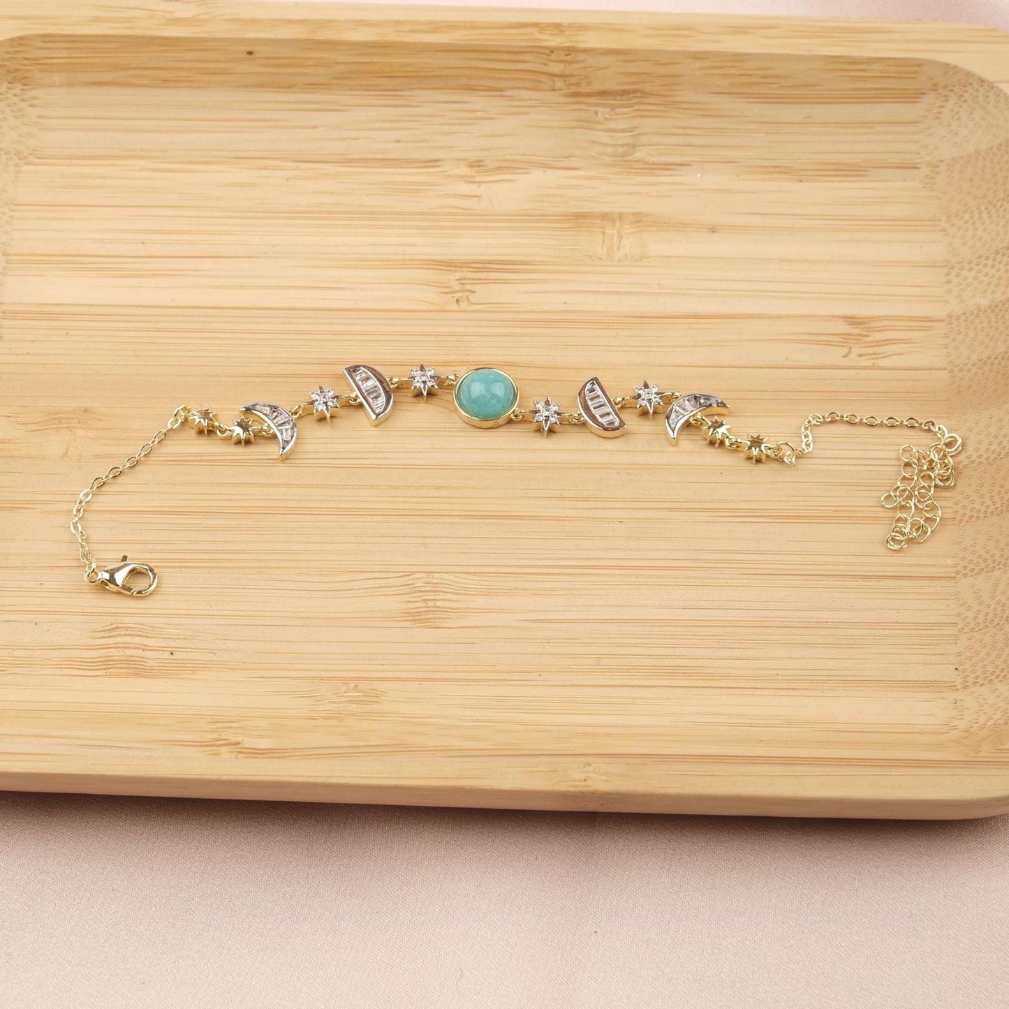 Celestial Moon & Star Bracelet for Women, Gold Charm Bracelet with Sky Blue Stone, Dainty Astrology Jewelry Gift for Her, 22cm / 8.66in