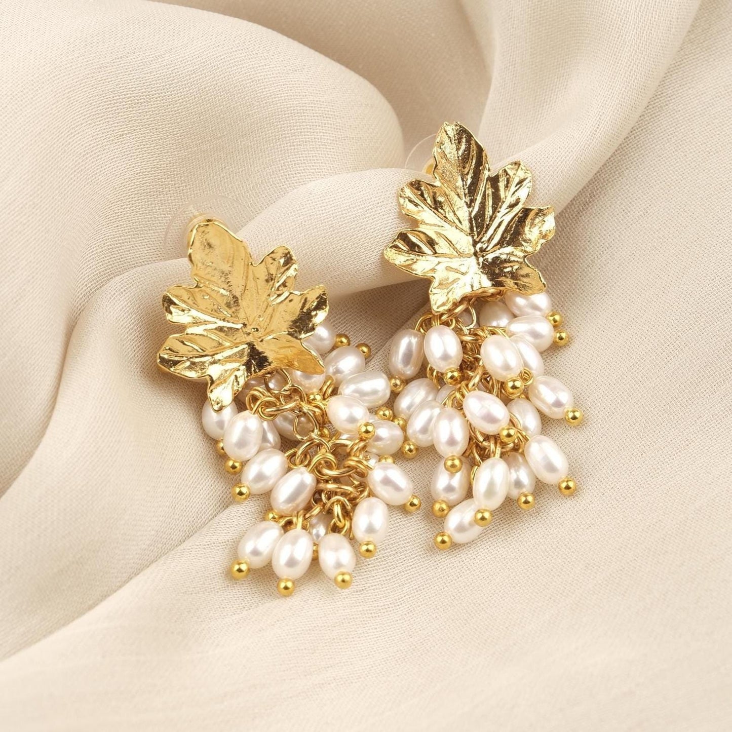 Handmade Genuine Pearls, Grape Stud Earrings, Gold Plated Artistic Cluster Design with Fresh Water Pearls Antique Looking Gift for Women