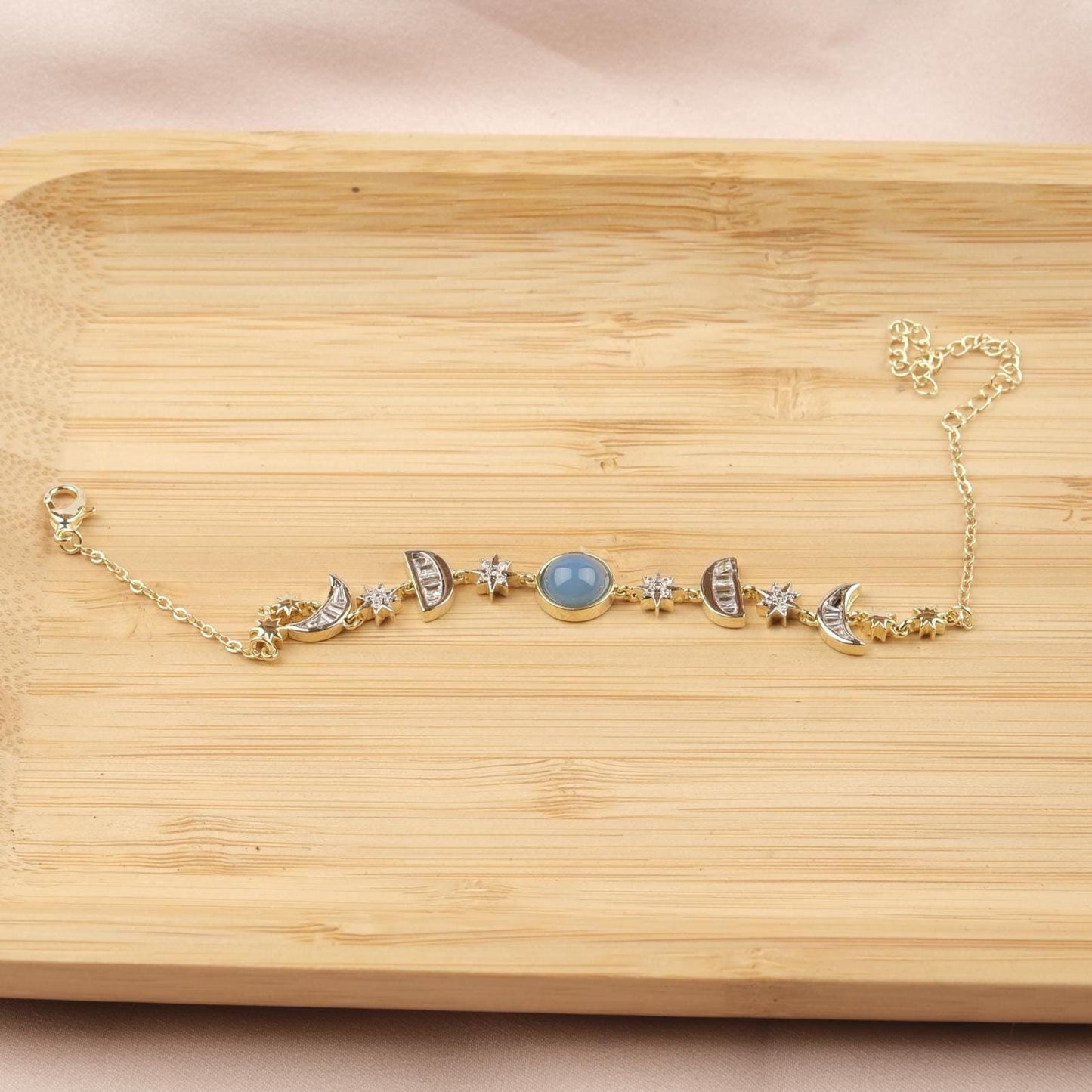 Aquamarine Moon & Star Charm Bracelet for Women, Gold Celestial Jewelry with Soft Blue Accent Stone, Calm Gift for Her, 22cm / 8.66in