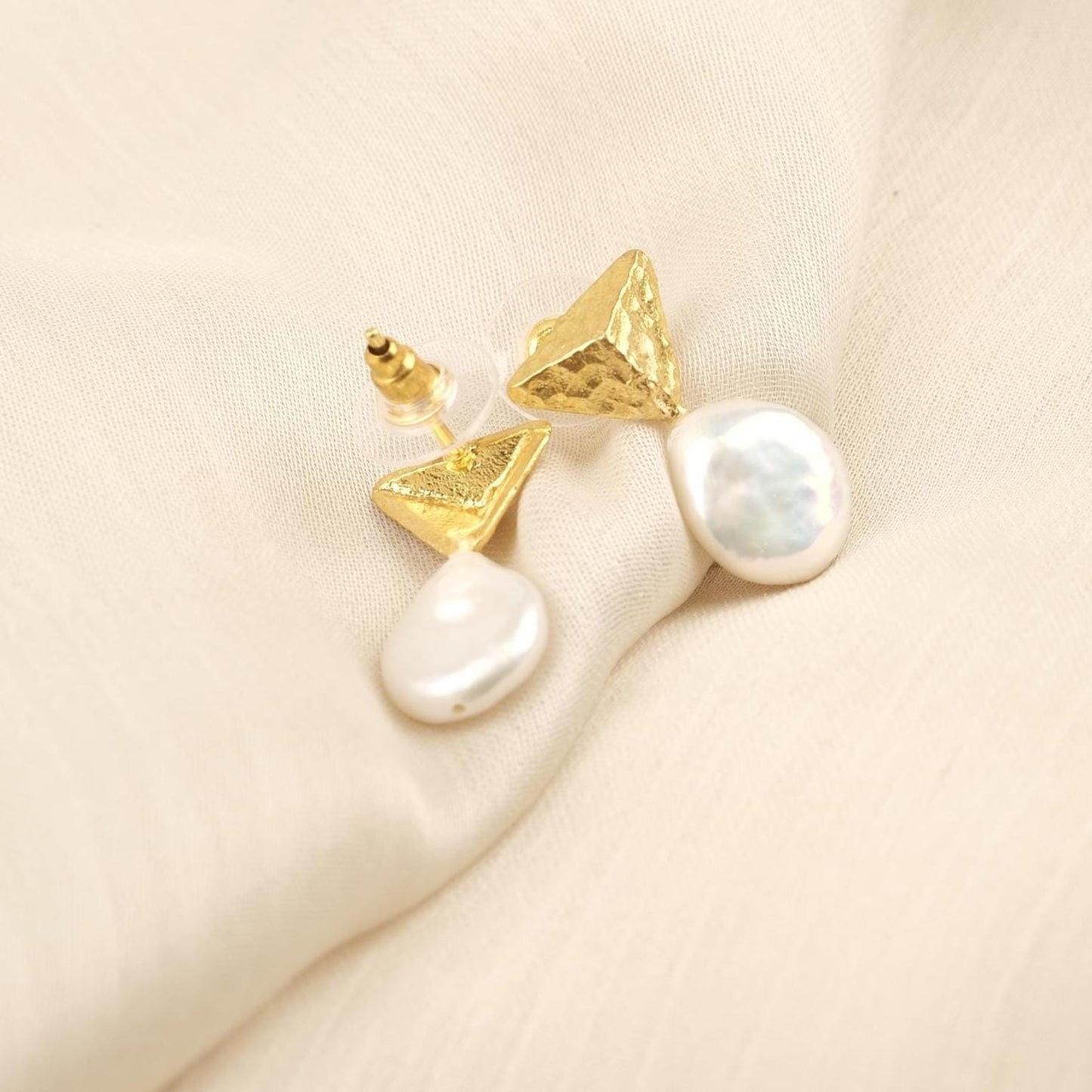 Handmade Genuine Pearl Stud Earrings, Pyramid Style Textured Gold Plated Design, Minimalist Chic Jewelry for Women, Artistic Modern Look