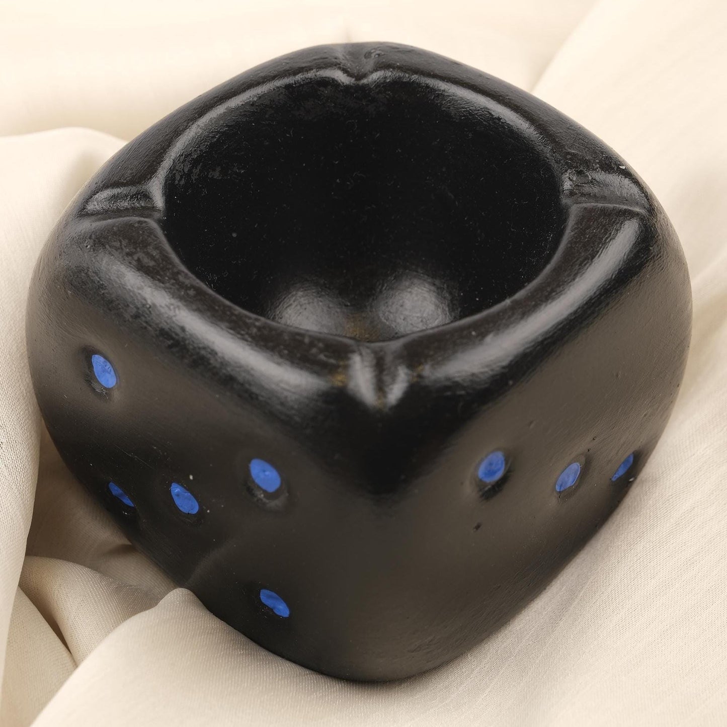 Black Dice Ashtray with Blue Dots, Casino Style Smoking Tray, Funky Handmade Cube Decor for Game Nights Unique Gift Idea
