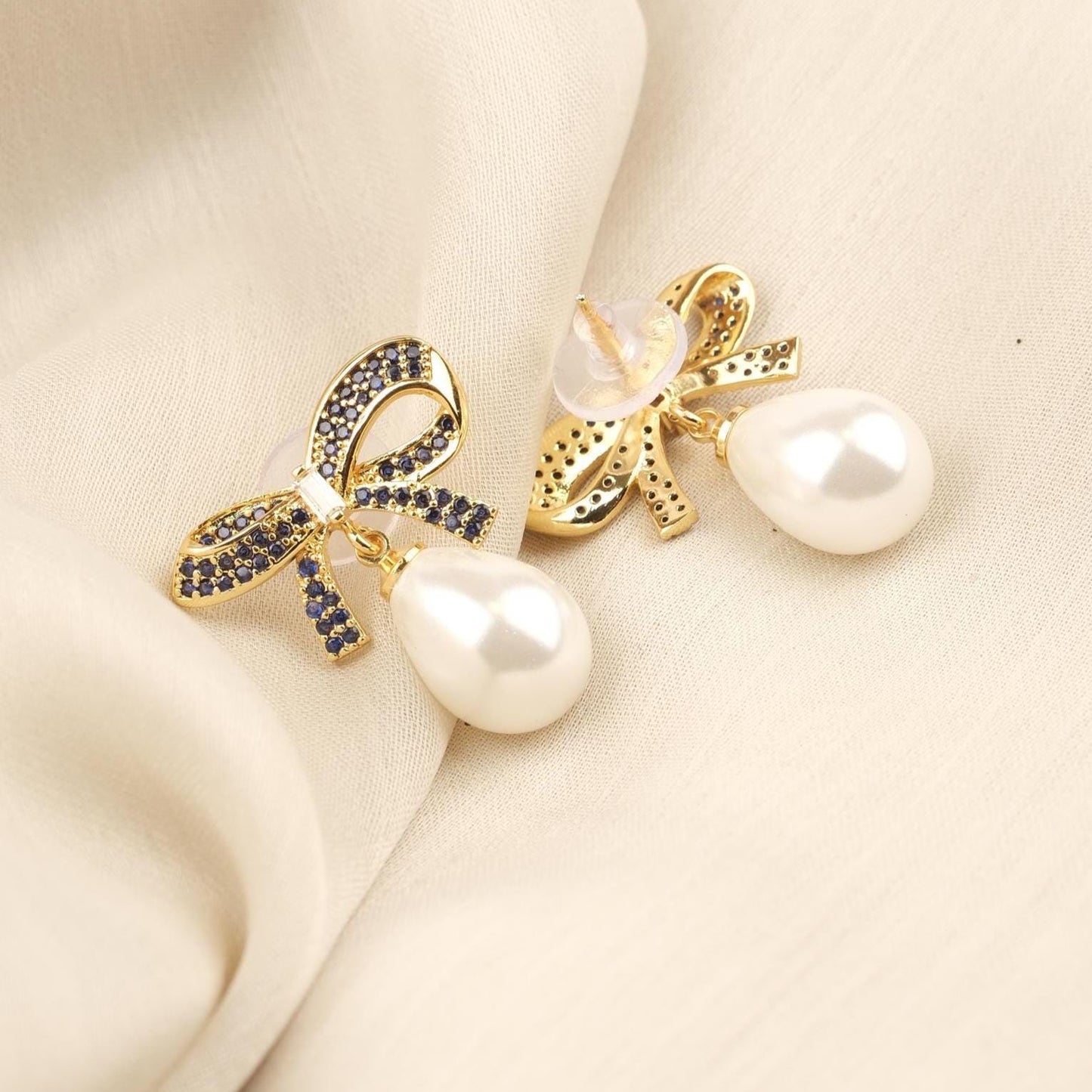 Handmade Gold Plated Bow Tie Stud Earrings, Elegant Drop Design with Faux Pearl, Chic and Feminine Retro Look, Unique Gift for Women Gift