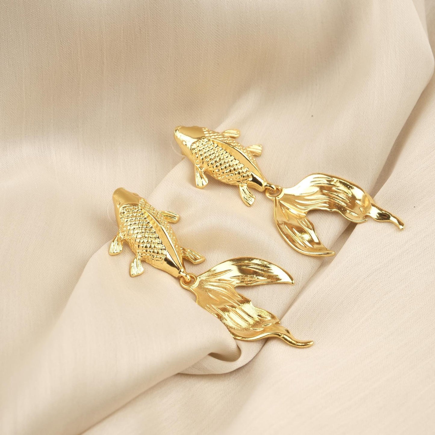 Handmade Gold Plated Koi Fish Stud Earrings, Elegant Symbolic Design with Flowing Tail, Artistic and Antique Looking Statement Jewelry Piece