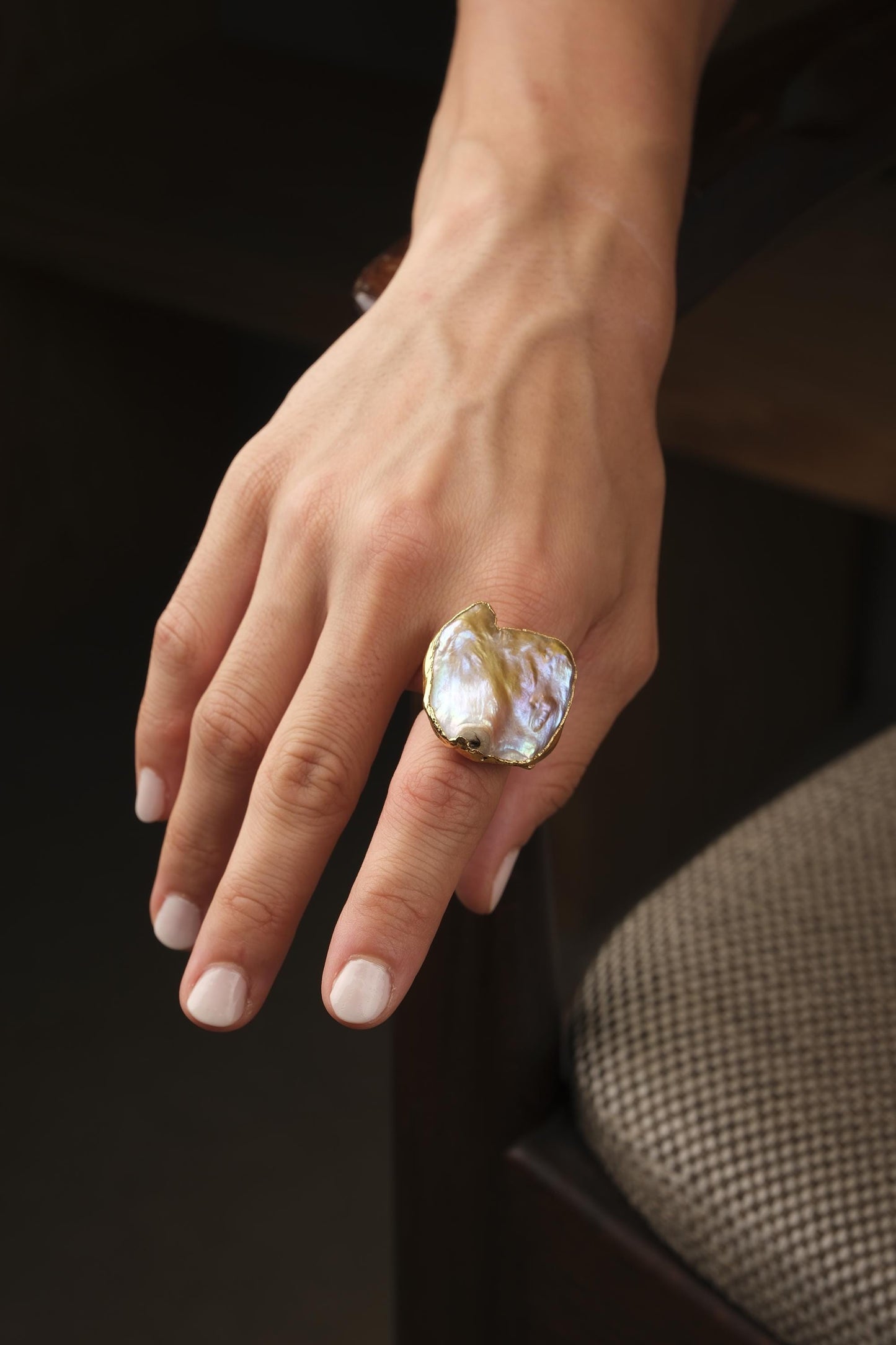 Handmade Genuine Pearl Statement, Antique Looking And Vintage Style Gold Plated Ring With Sculptural Artistic Abstract Design For Women