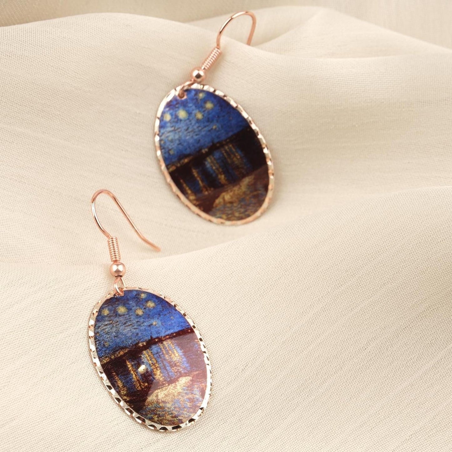 Vincent van Gogh “Starry Night Over the Rhône” Dangle Earrings in Pure Copper, Artistic Design, Handmade Vintage Style, Antique Looking Gift