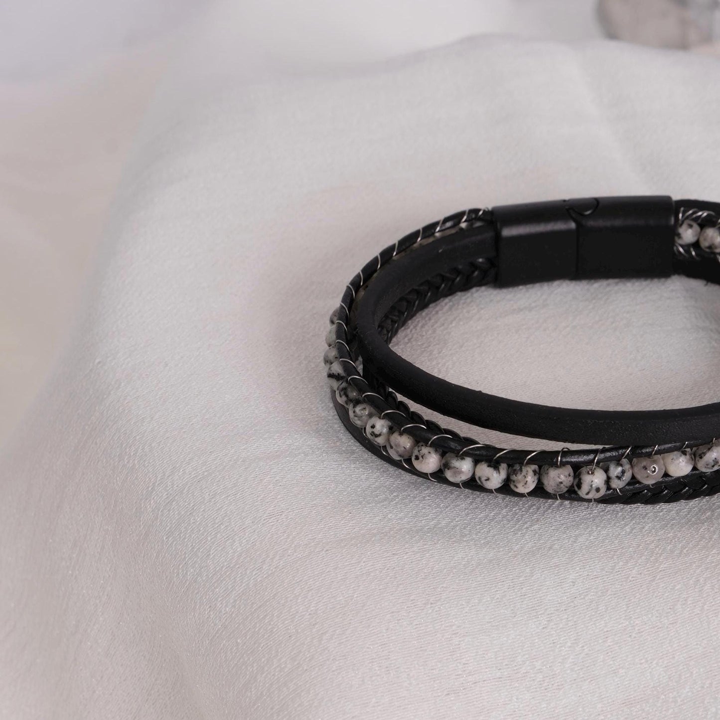 Moonstone & Silver Detailed Men’s Bracelet | 22cm | Genuine Turkish Leather, Stainless Steel, Minimalist Black Design