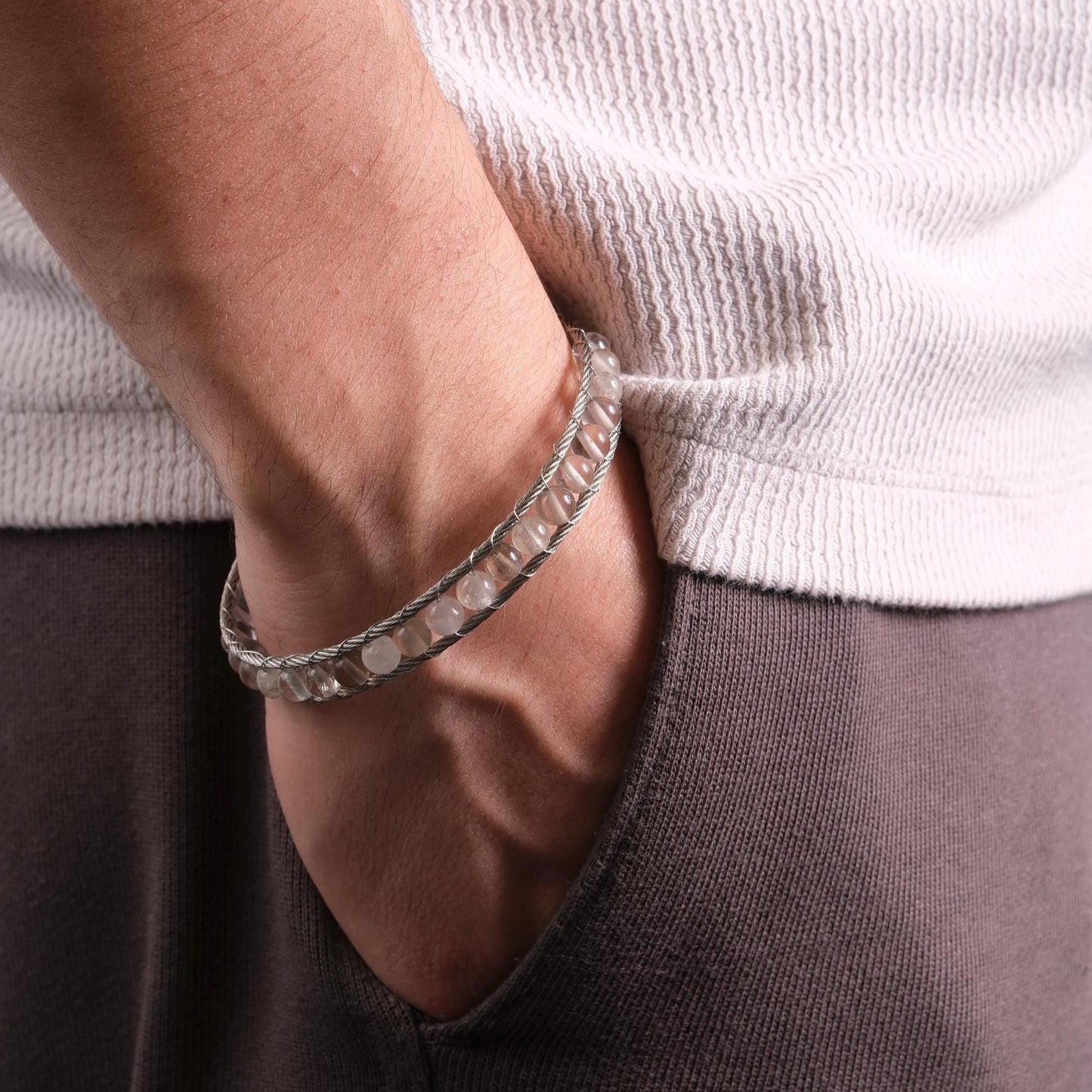 Silver & White Gemstone Wrapped Men's Bracelet in Silver 22cm Genuine Leather , Gemstone, Durable, Stylish Gift for Him