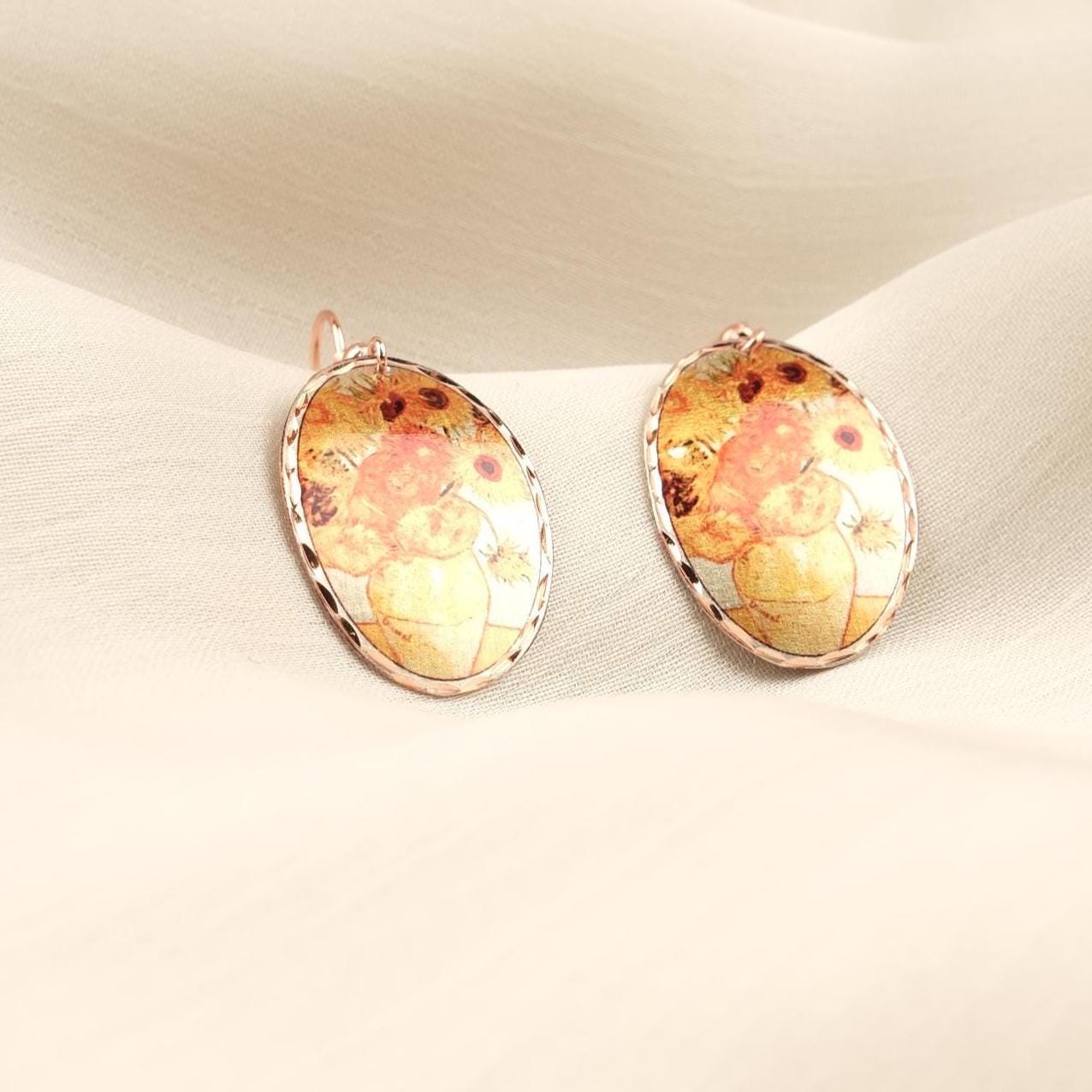 Vincent van Gogh “Vase with Fifteen Sunflowers” Dangle Earrings in Pure Copper, Artistic Design, Handmade Vintage Style Antique Looking Gift