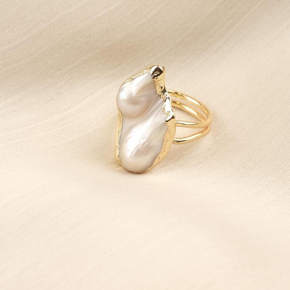 Handmade Genuine Pearl Statement, Antique Looking And Vintage Style Gold Plated Ring With Sculptural Artistic Abstract Design For Women