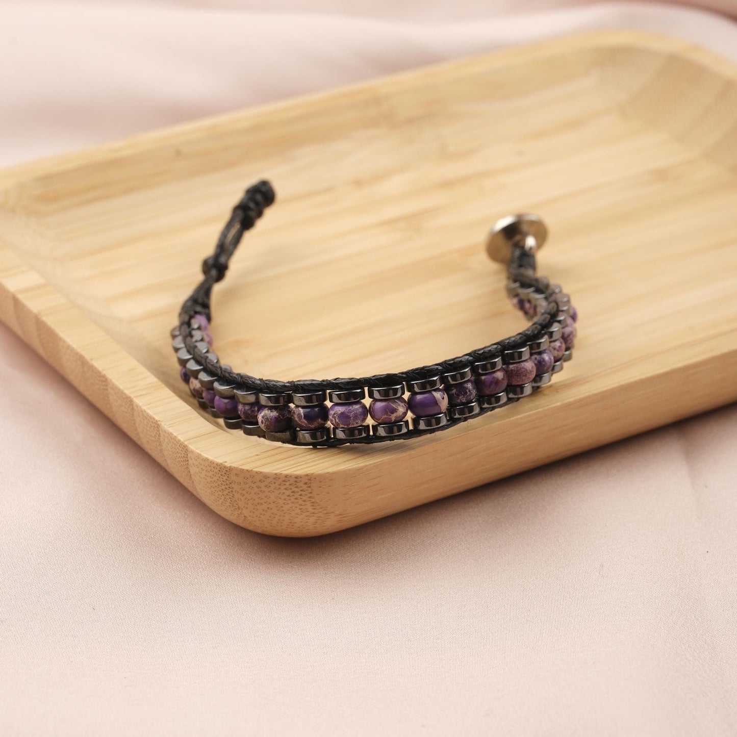 Stone of Clarity, Amethyst & Leather Bracelet for Men, Purple Crystal Bracelet Gift with Hematite, Stylish Wristband, 21cm / 8.26in