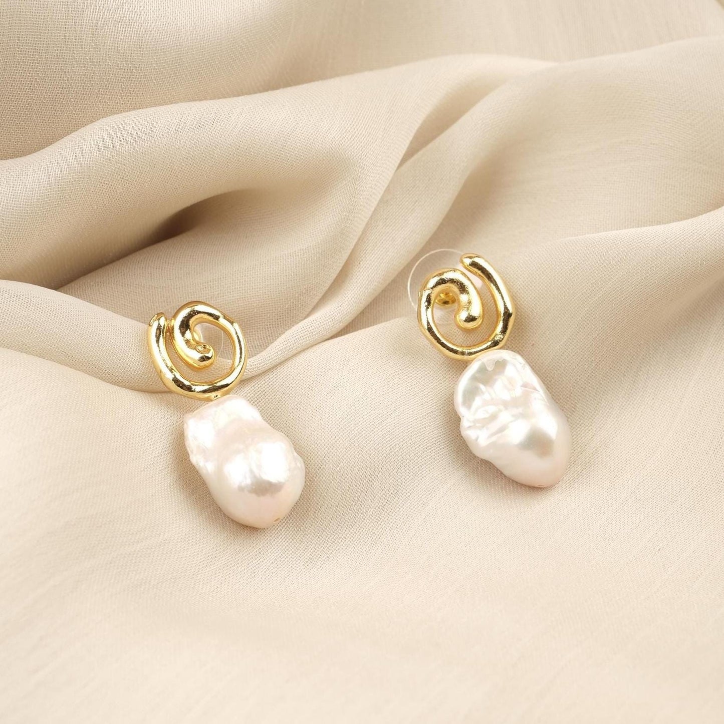 Handmade Genuine Pearl Abstract Modern Earrings, Artistic Gold Plated Studs, Unique Organic Baroque Design For Elegant Statement Style