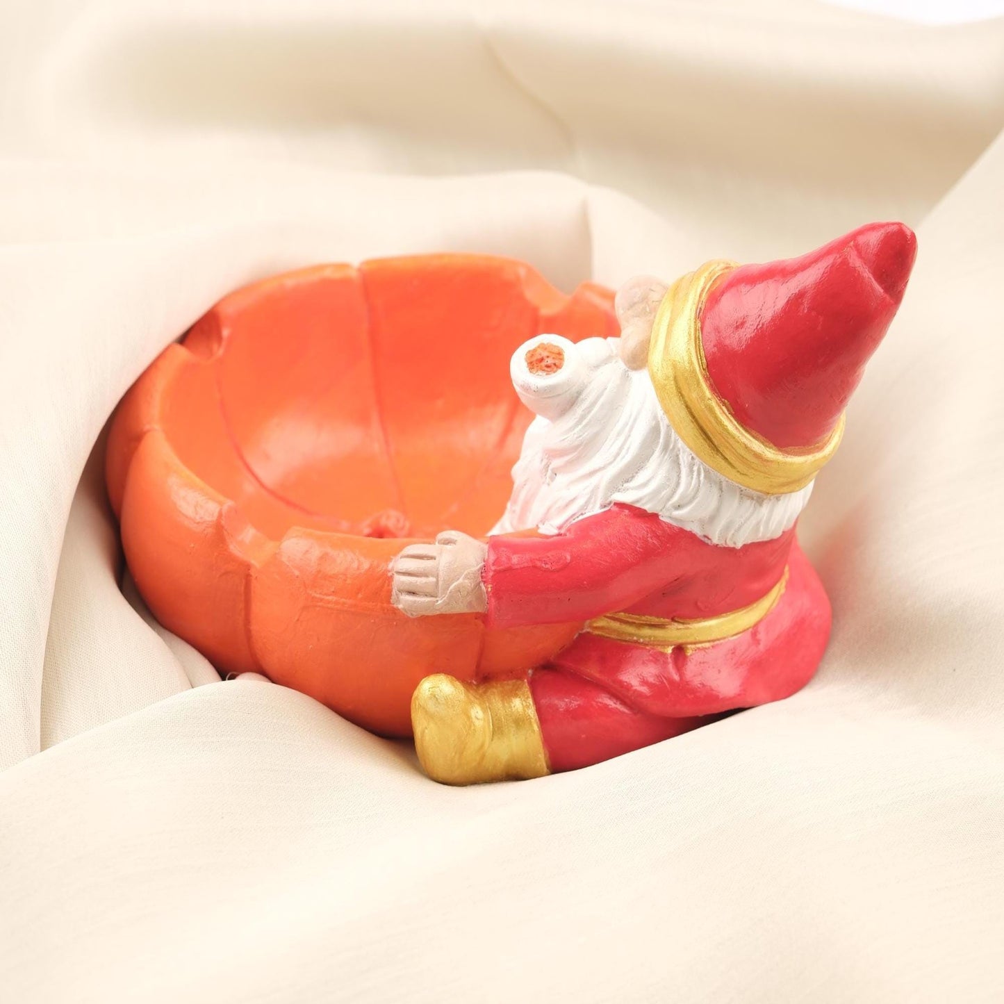 Red Gnome Ashtray with Pumpkin Bowl, Whimsical Santa Elf Smoking Tray, Handmade Fantasy Gift for Smokers Fun Decor, 11x14x11cm