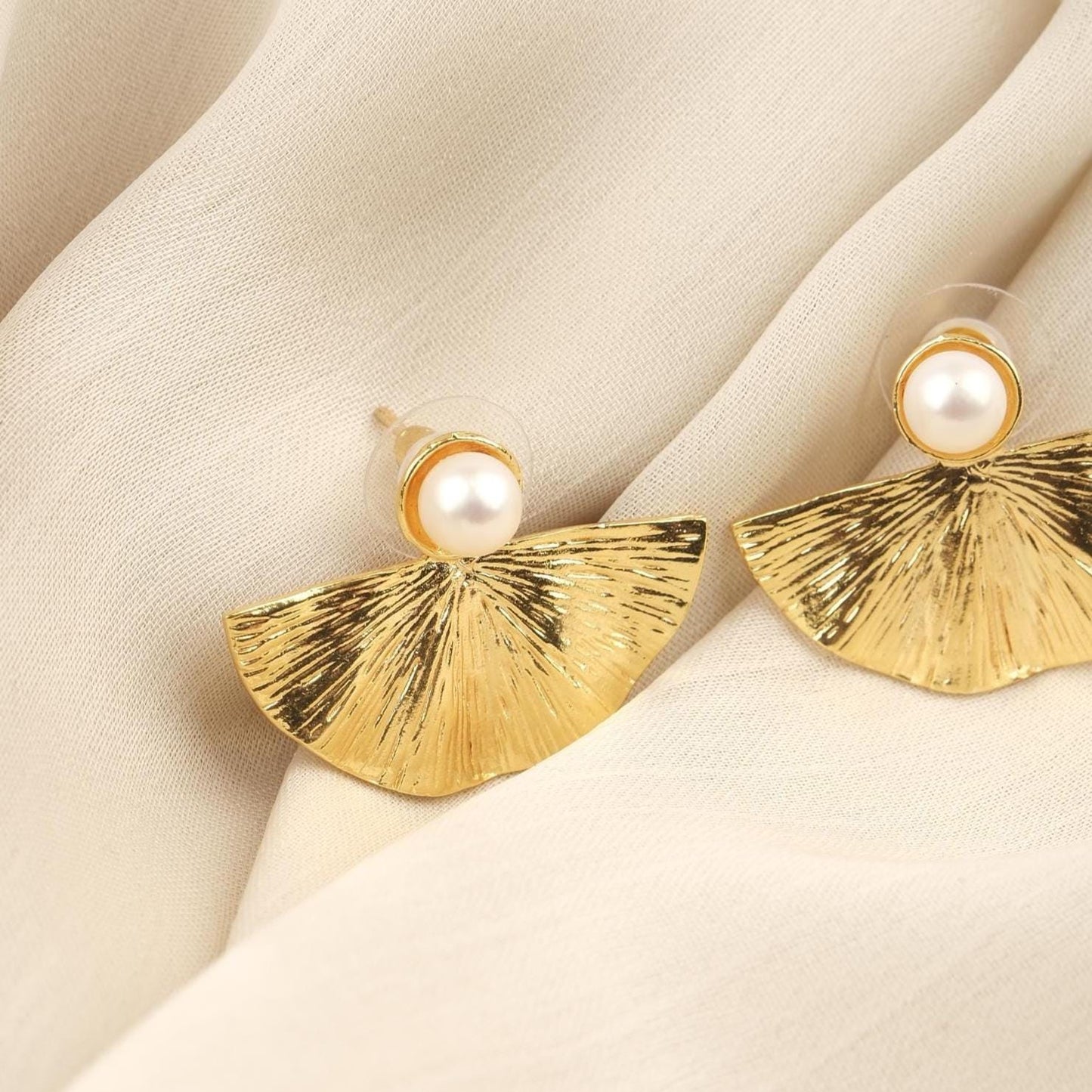 Handmade Shell & Genuine Pearl Stud Earrings, Gold Plated Antique Style Fresh Water Pearls, Shell Design with Faux Pearl, Vintage Inspired