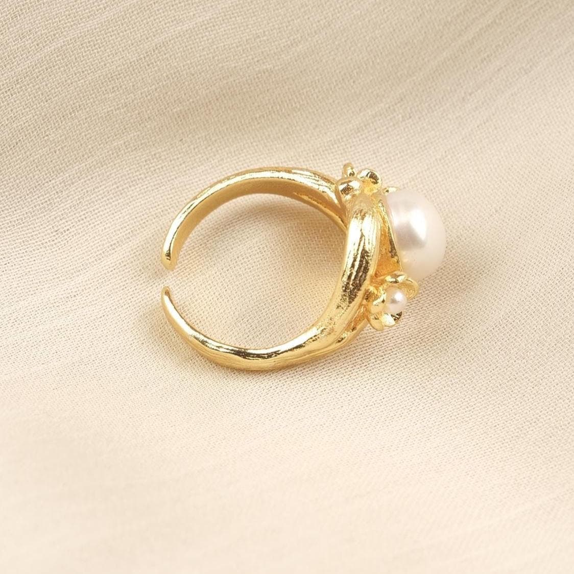 Handmade Artistic Design Ring With Faux Pearl Centerpiece, Adjustable Antique Looking And Vintage Style Gold Plated With Delicate Detailing