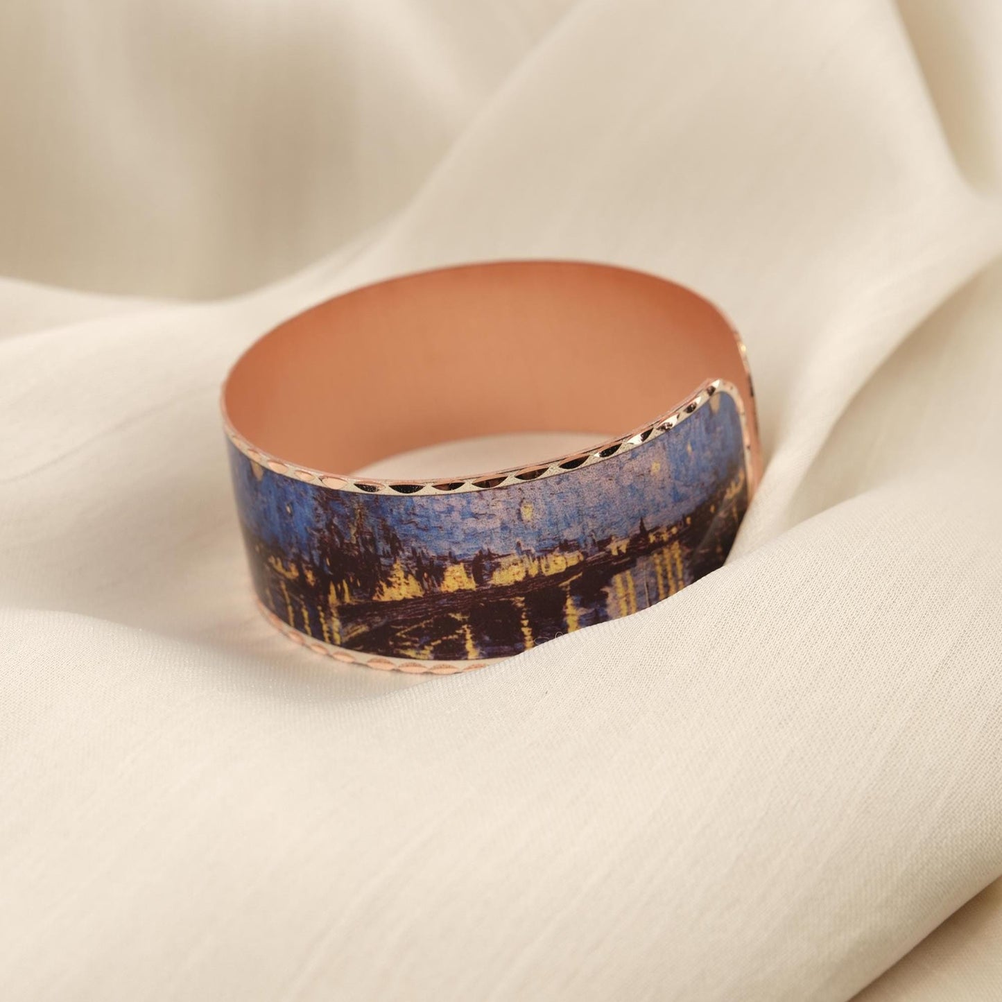 Vincent Van Gogh "Starry Night Over the Rhône" Bracelet, Pure Copper, Handmade Adjustable Artistic Cuff, Antique Looking Vintage Style Gift