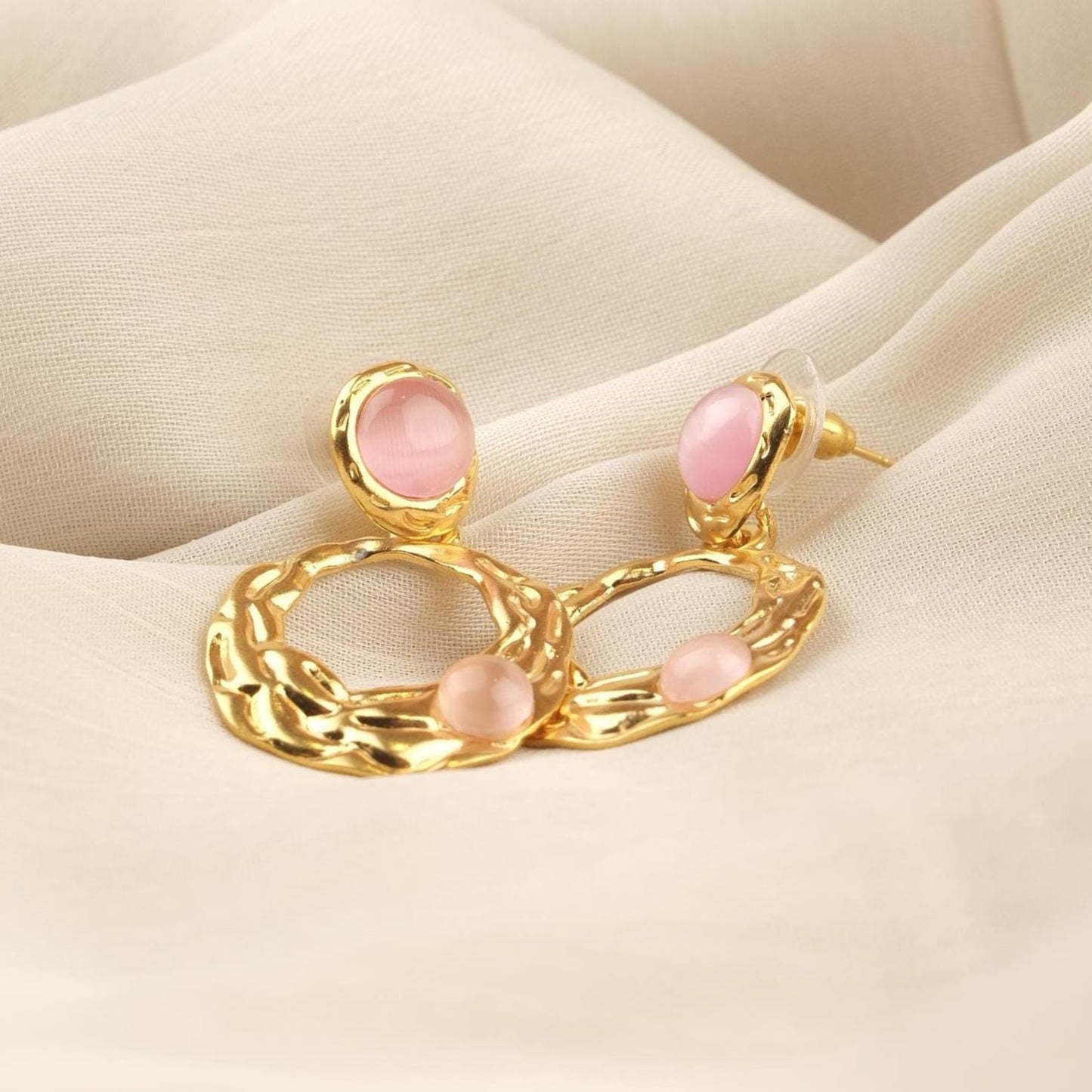 Handmade Gold Plated Stud Earrings with Rose Quartz Gemstones, Artistic Drop Design, Vintage Style Elegant Gift, Unique Statement Jewelry