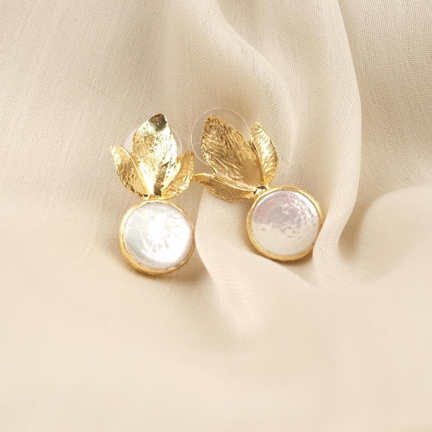 Handmade Genuine Pearl Stud Earrings, Gold Plated Leaf Design, Artistic Nature-Inspired Jewelry for Women, Elegant Lightweight Statement