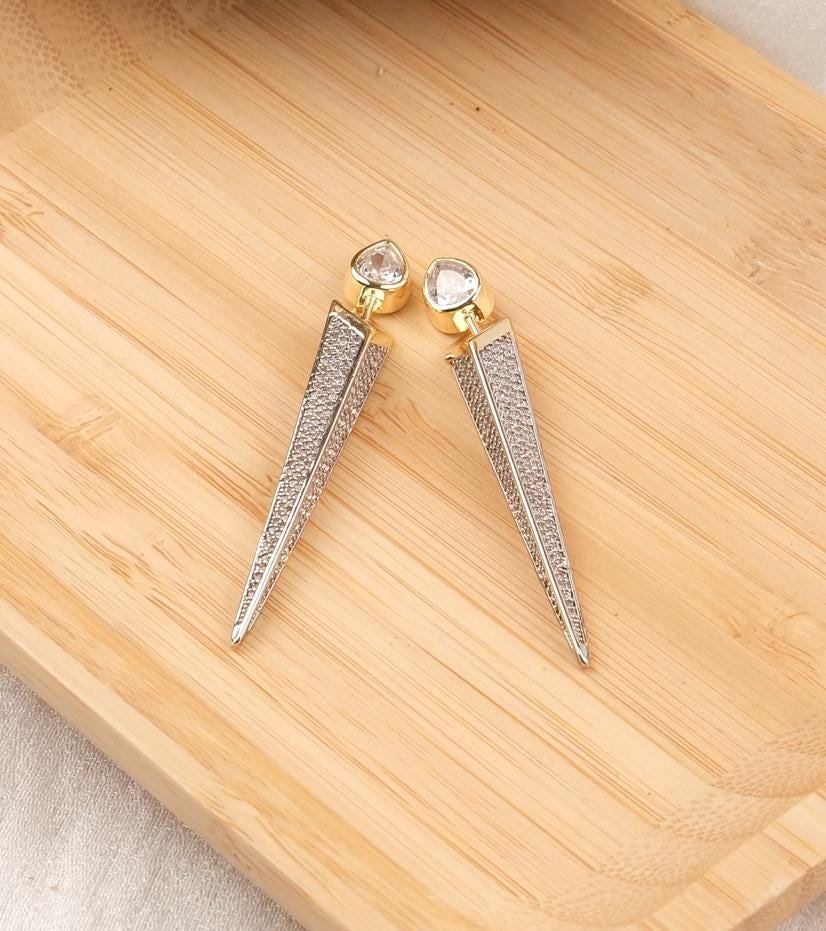 Silver Pyramid Drop Diamond Stud Earrings | Gold Plated Hypoallergenic Boho Chic Statement Lightweight Jewelry Gift for Women