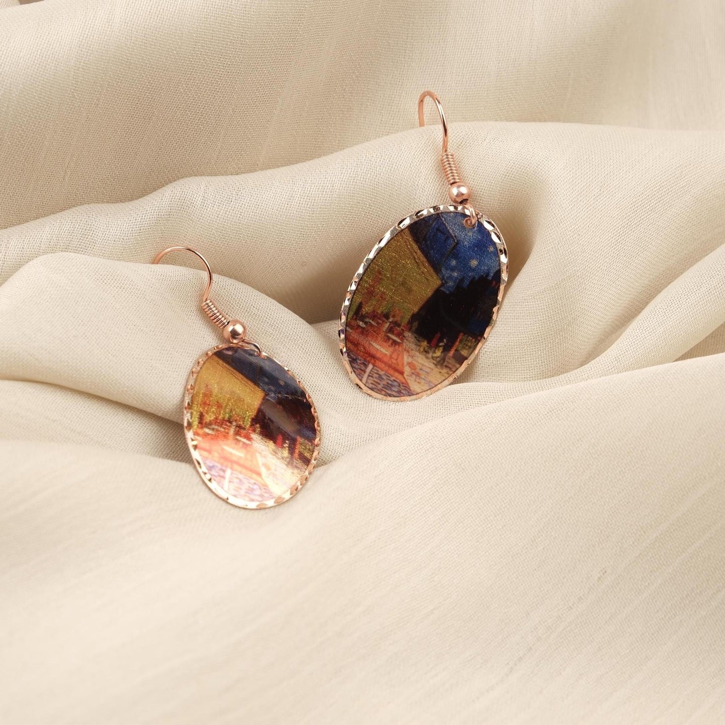 Vincent van Gogh “Café Terrace at Night” Dangle Earrings in Pure Copper, Artistic Design | Handmade Vintage Style, Antique Looking Gift