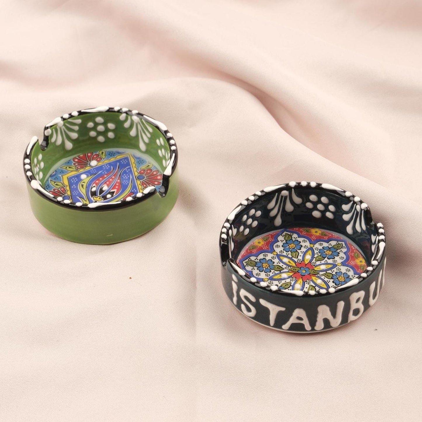 Buy1 Get1 | Handmade, Antique Looking Vintage Style Ashtray in Green & Navy Blue with Istanbul Writing