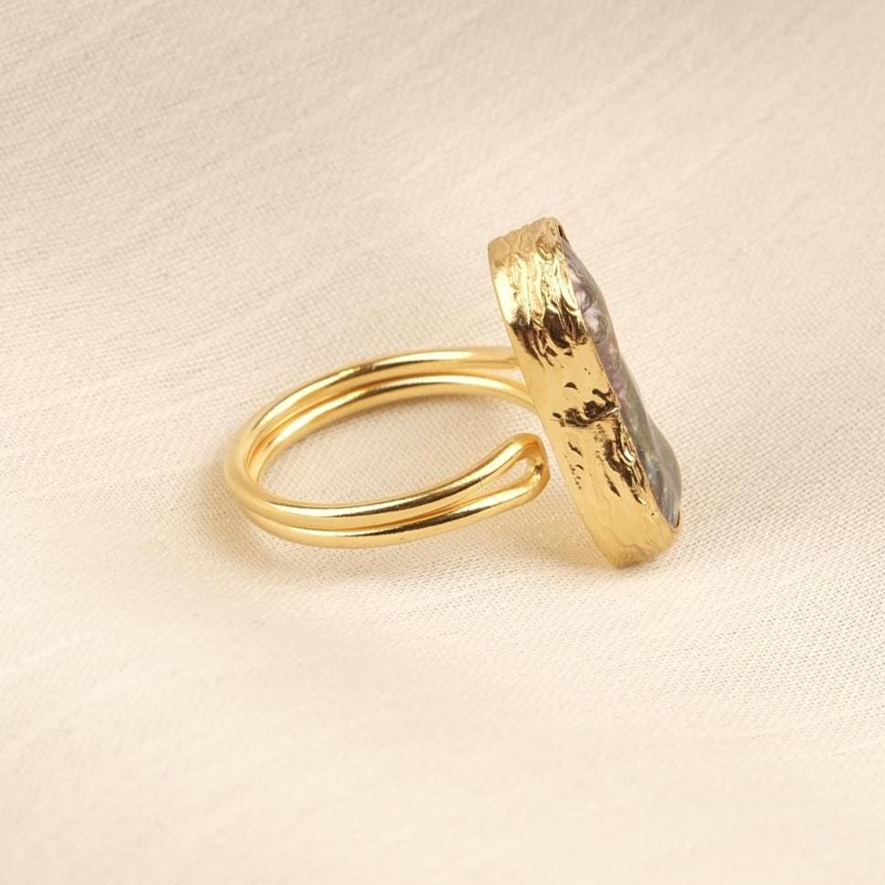Handmade Black Genuine Pearl Statement, Antique Looking & Vintage Style Gold Plated Ring With Sculptural Artistic Abstract Design For Women