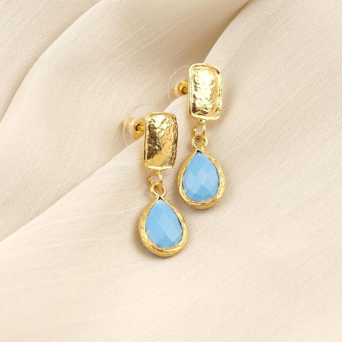 Handmade Turquoise Gemstone Stud Earrings, Elegant Teardrop Design with Faceted Blue Stone, Antique Looking Dainty Gift for Women
